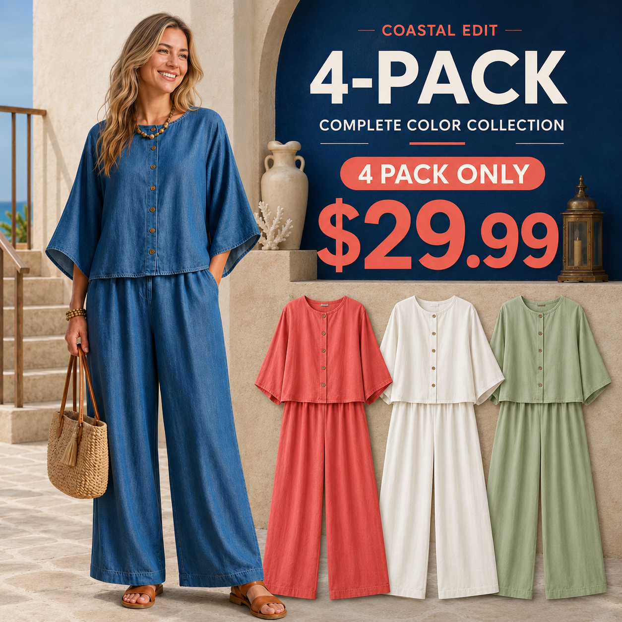 Women's Relaxed Button-Front Top and Wide-Leg Pants Set