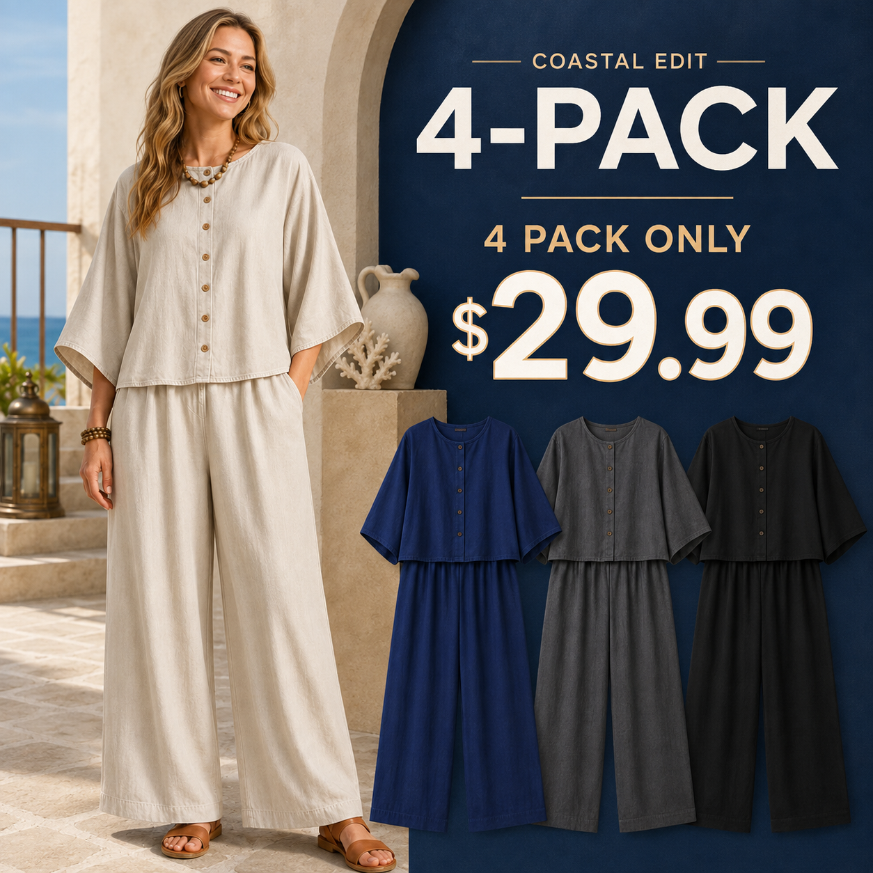 Women's Relaxed Button-Front Top and Wide-Leg Pants Set