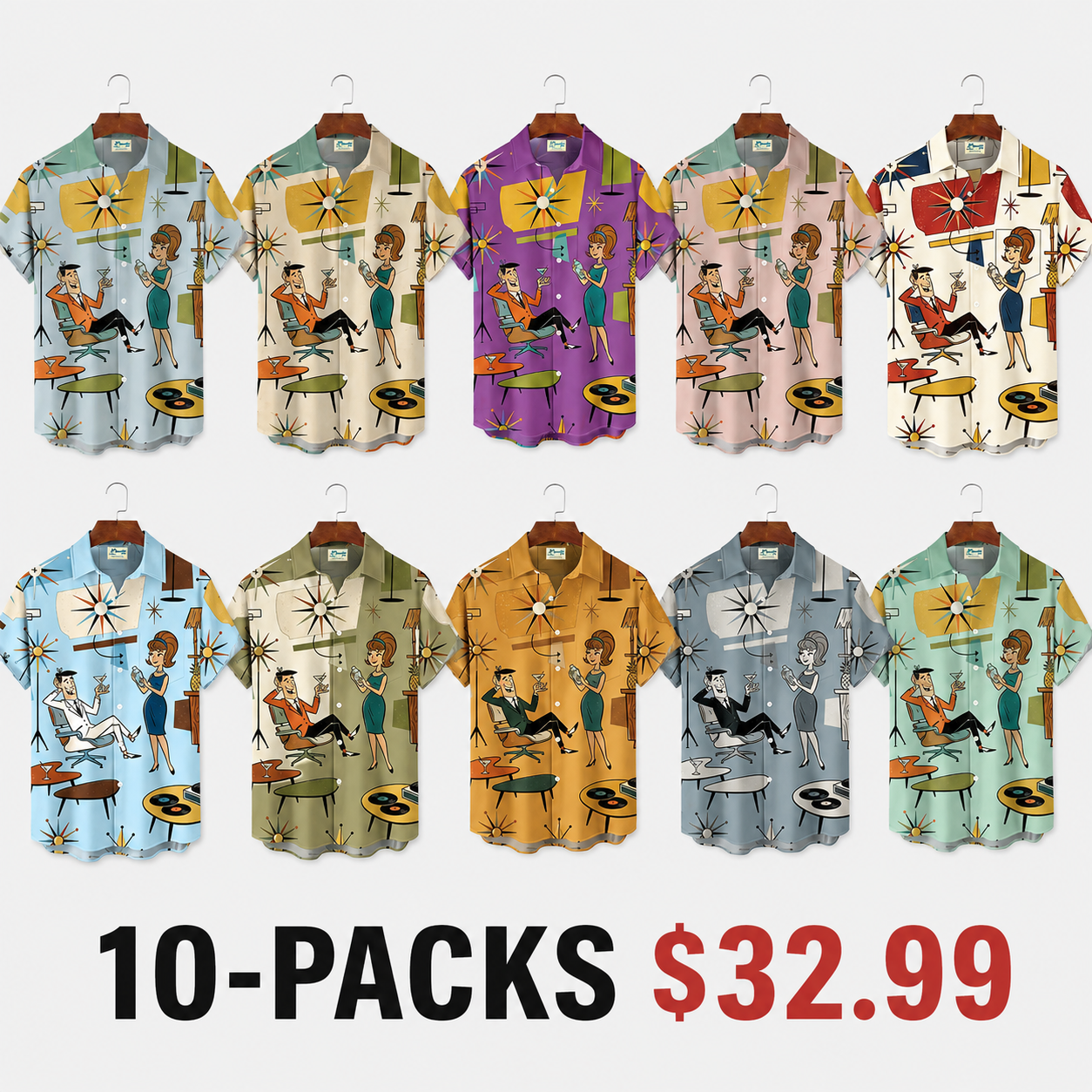 Retro Medieval Atomic Geometry Print Men's Button Pocket Short-Sleeve Hawaiian Big & Tall