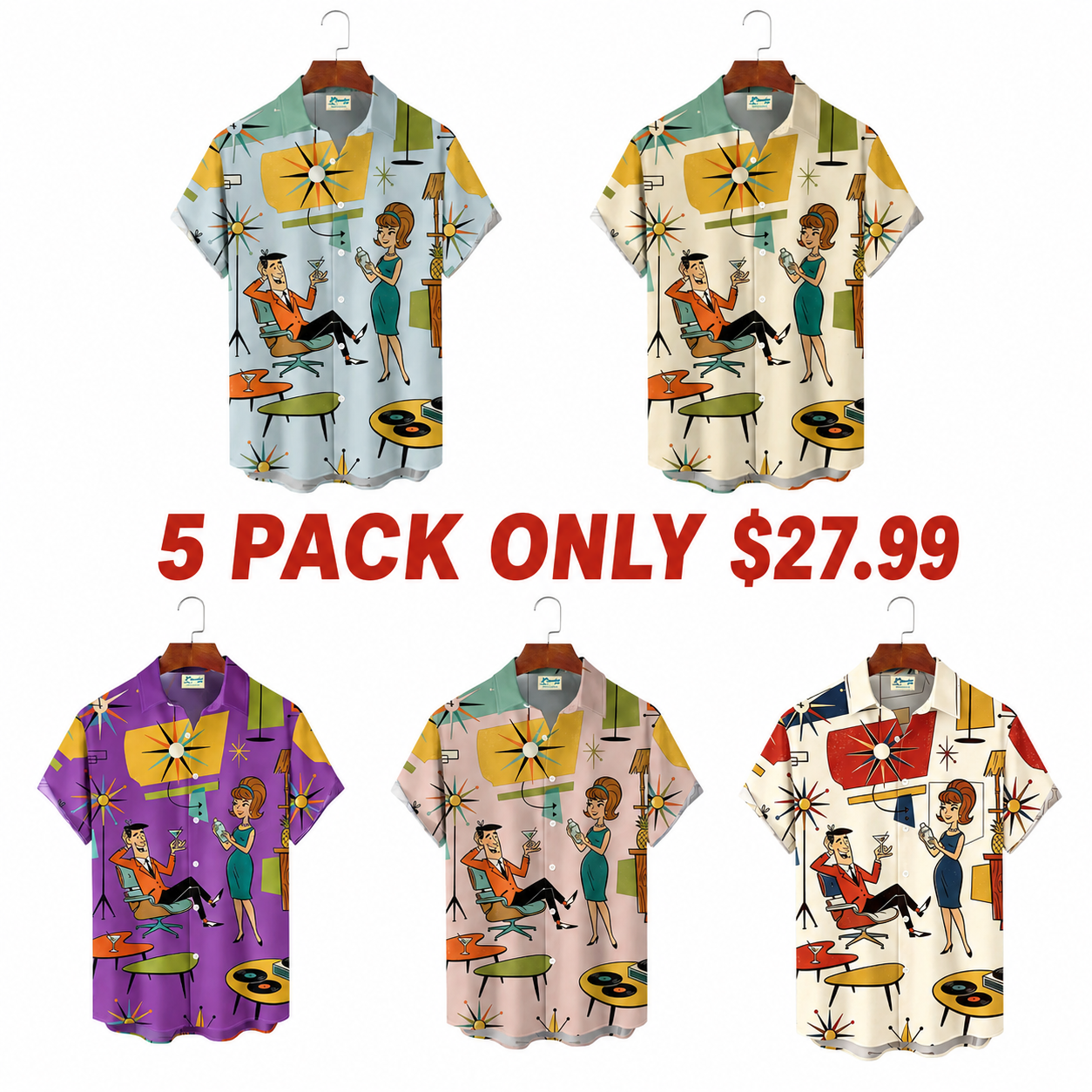 Retro Medieval Atomic Geometry Print Men's Button Pocket Short-Sleeve Hawaiian Big & Tall