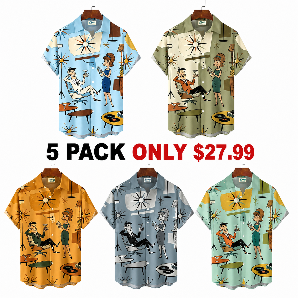 Retro Medieval Atomic Geometry Print Men's Button Pocket Short-Sleeve Hawaiian Big & Tall