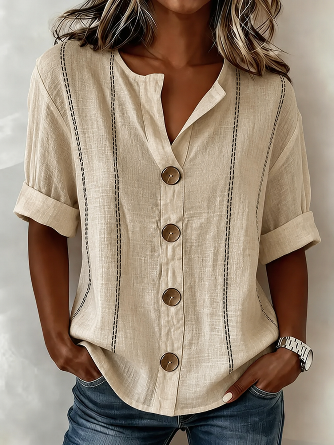 Stand Collar Linen Blend Casual Shirt
