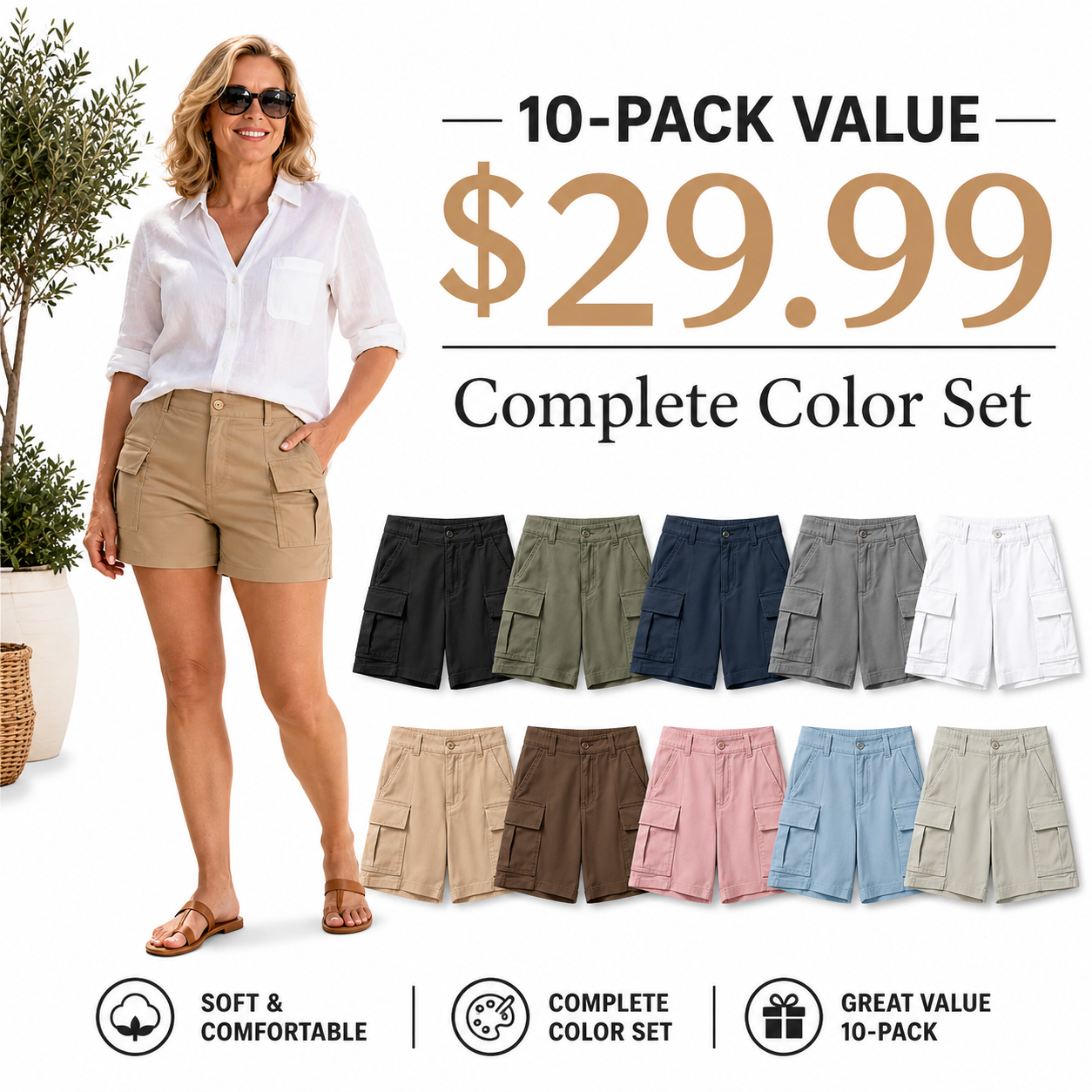 Women's High-Waisted Cargo Shorts with Elastic Back
