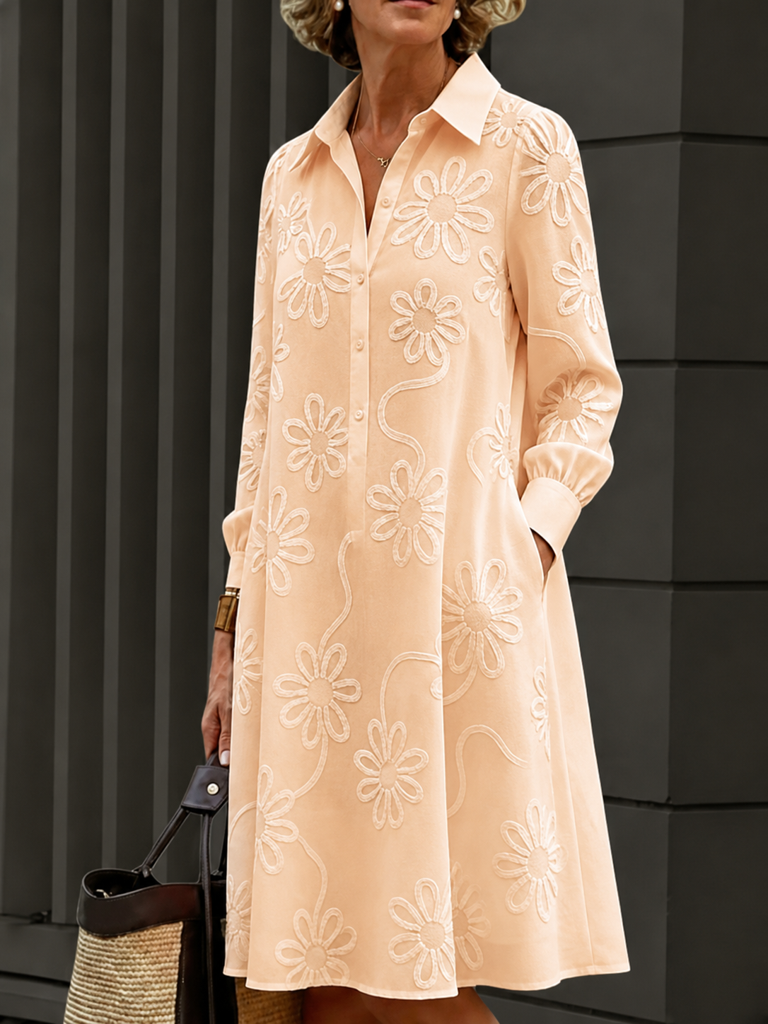 Elegant Floral Embroidered Shirt-collar Dress