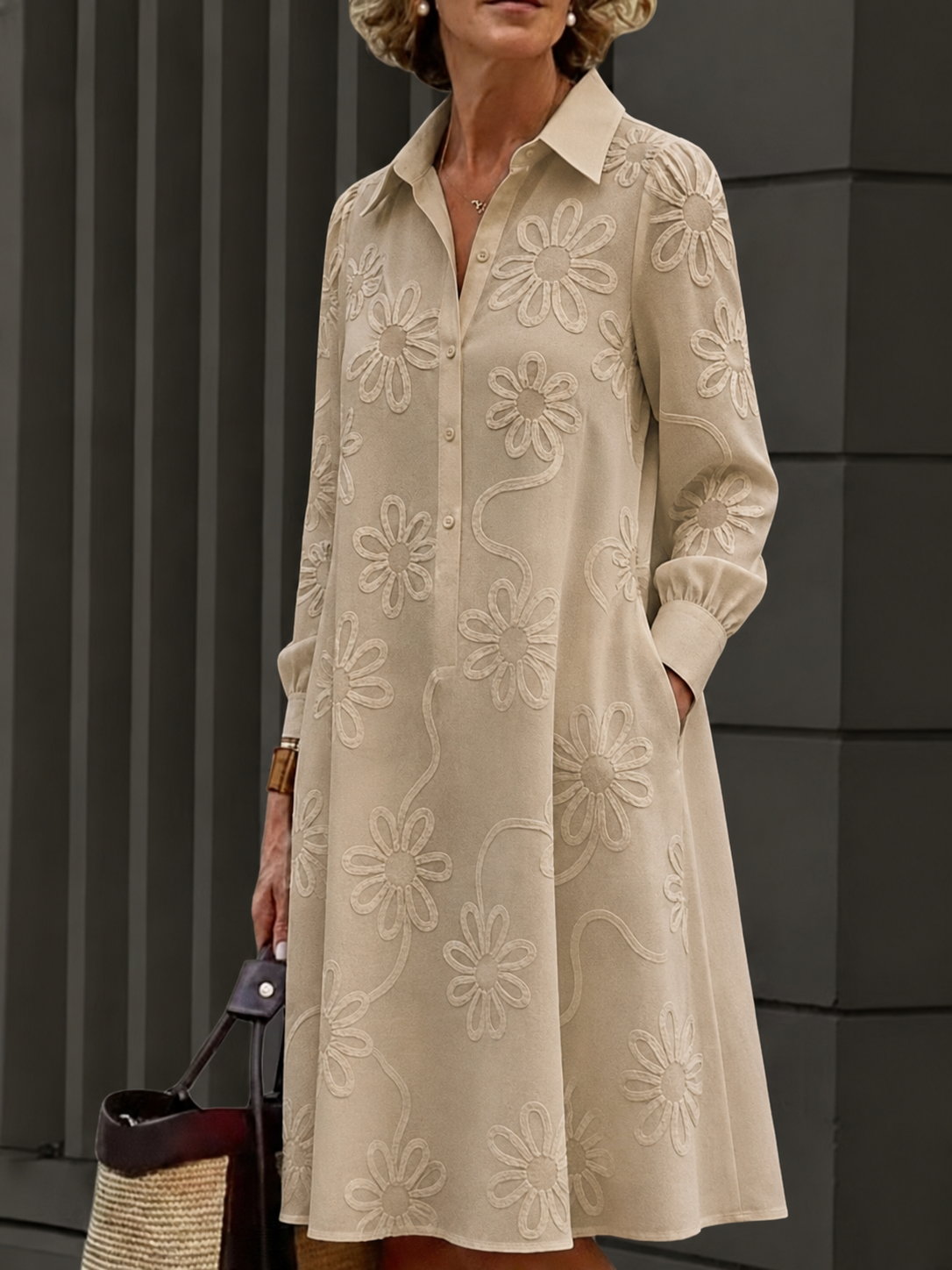 Elegant Floral Embroidered Shirt-collar Dress