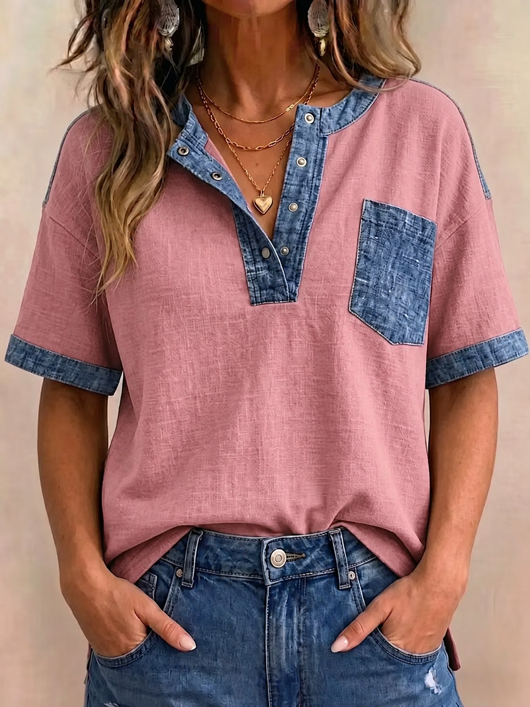 Women's V-neck Short Sleeve Casual Loose Patchwork Top