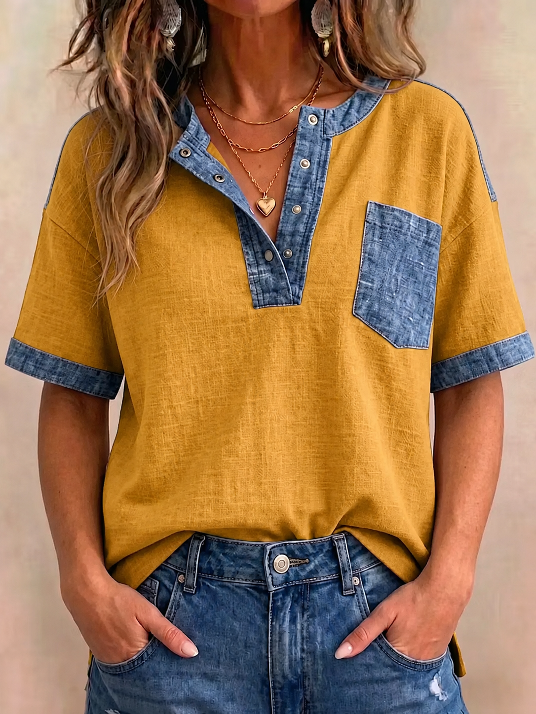 Women's V-neck Short Sleeve Casual Loose Patchwork Top