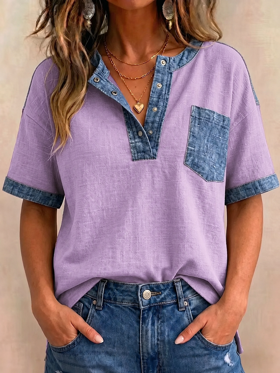 Women's V-neck Short Sleeve Casual Loose Patchwork Top