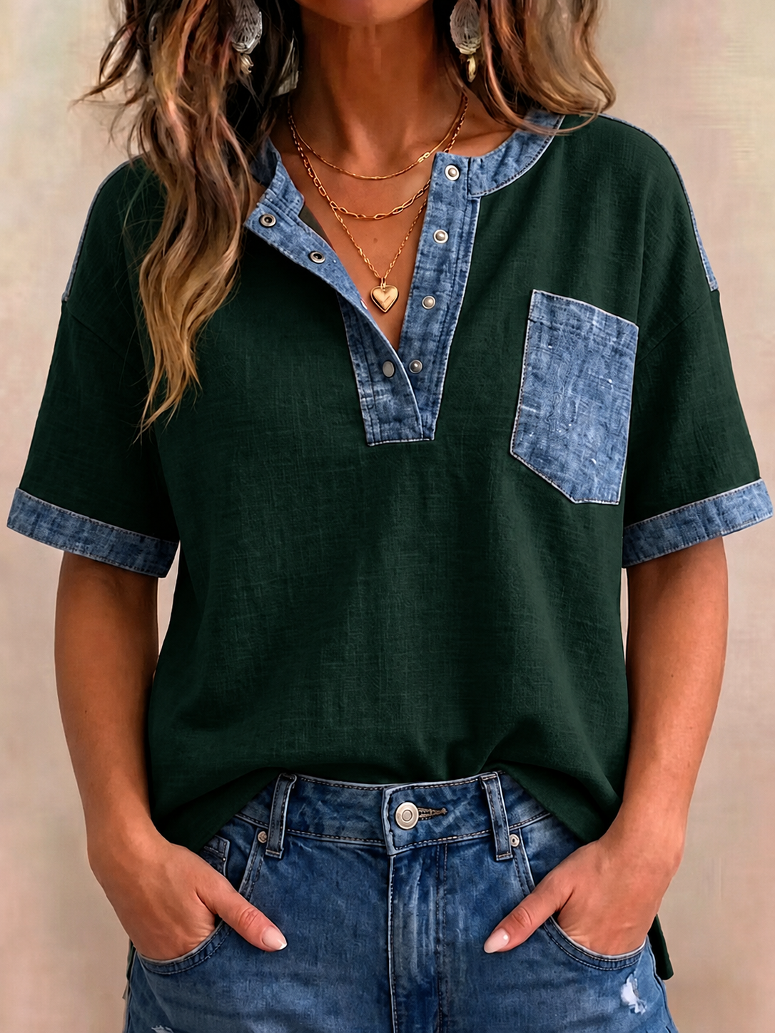Women's V-neck Short Sleeve Casual Loose Patchwork Top