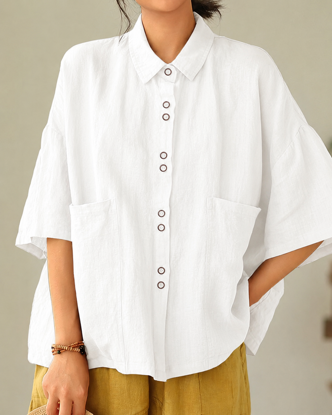 Women's Retro Lapel Solid Color Casual Cotton And Linen Shirt