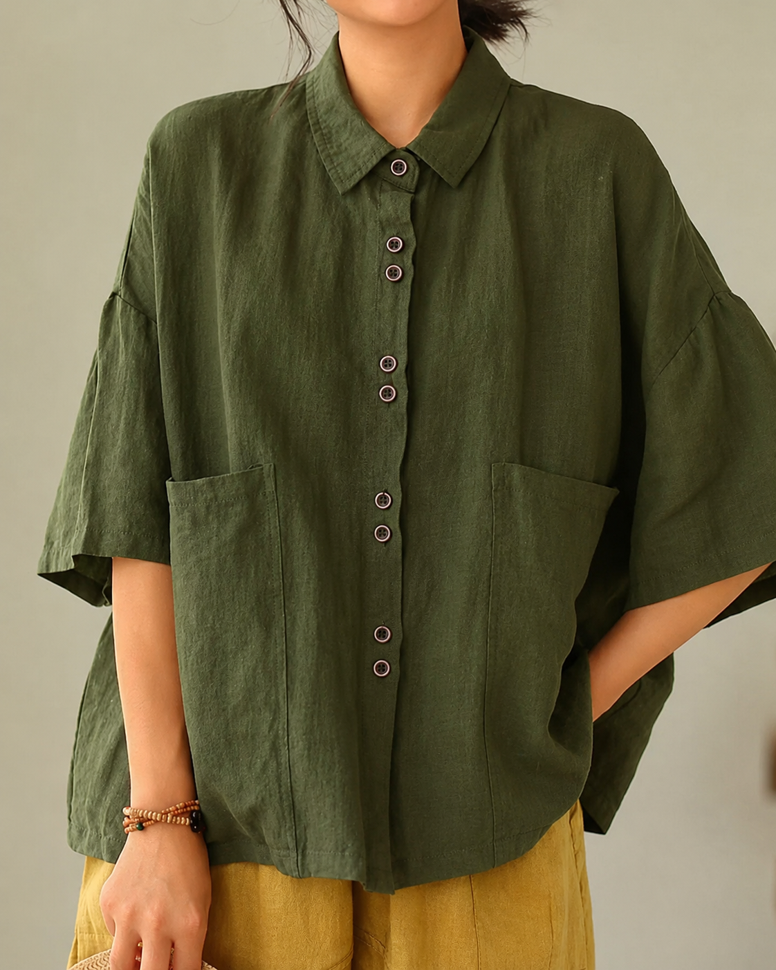 Women's Retro Lapel Solid Color Casual Cotton And Linen Shirt