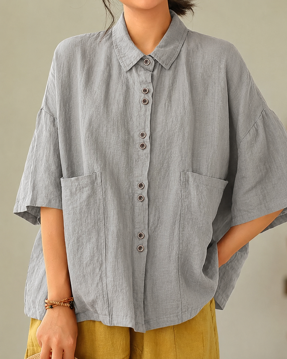 Women's Retro Lapel Solid Color Casual Cotton And Linen Shirt