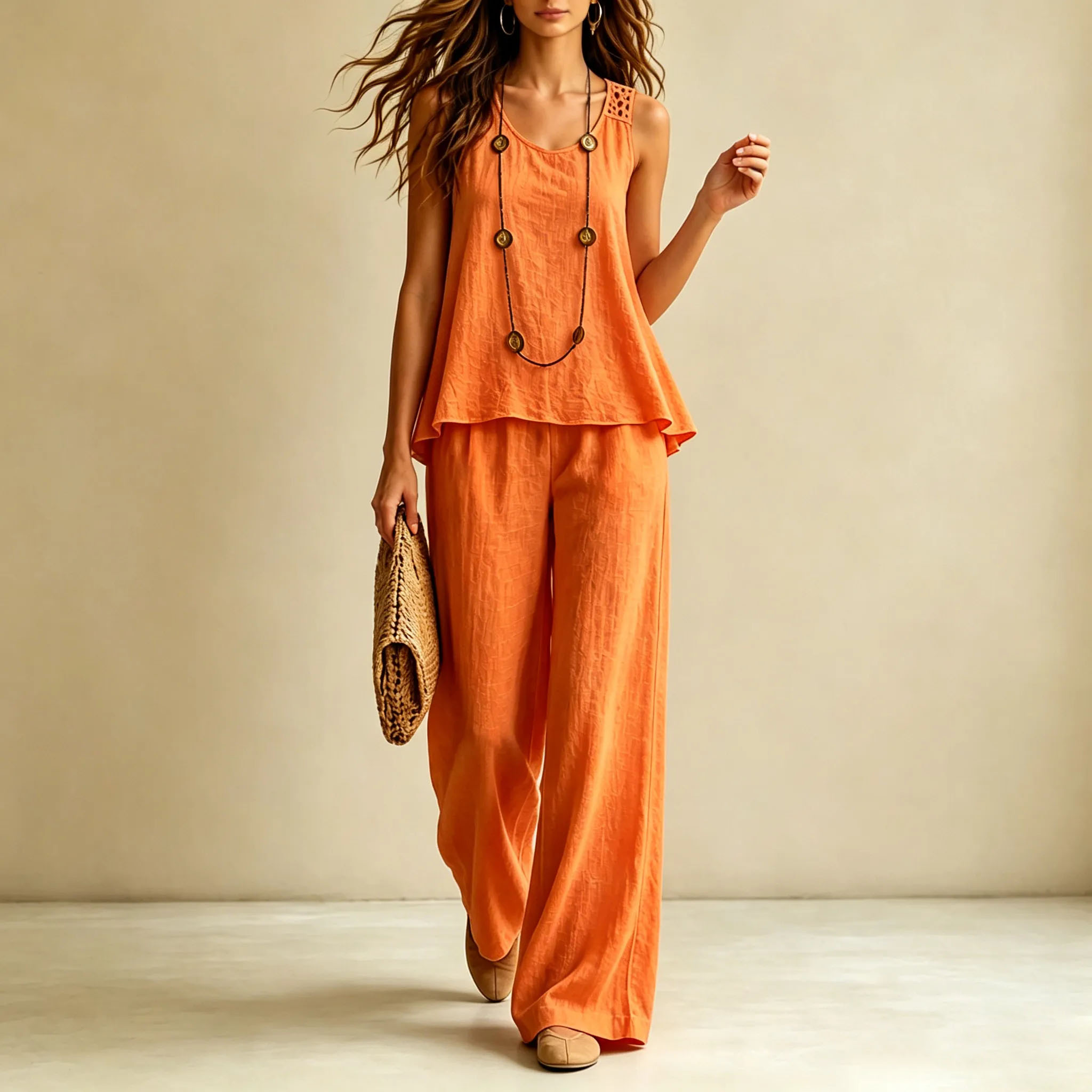 Vacation Solid Color Backless Floral Vest And Trousers Two-piece Set