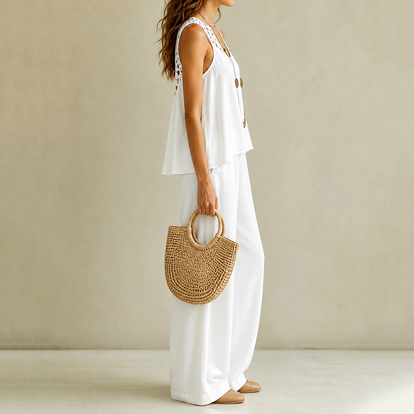 Vacation Solid Color Backless Floral Vest And Trousers Two-piece Set