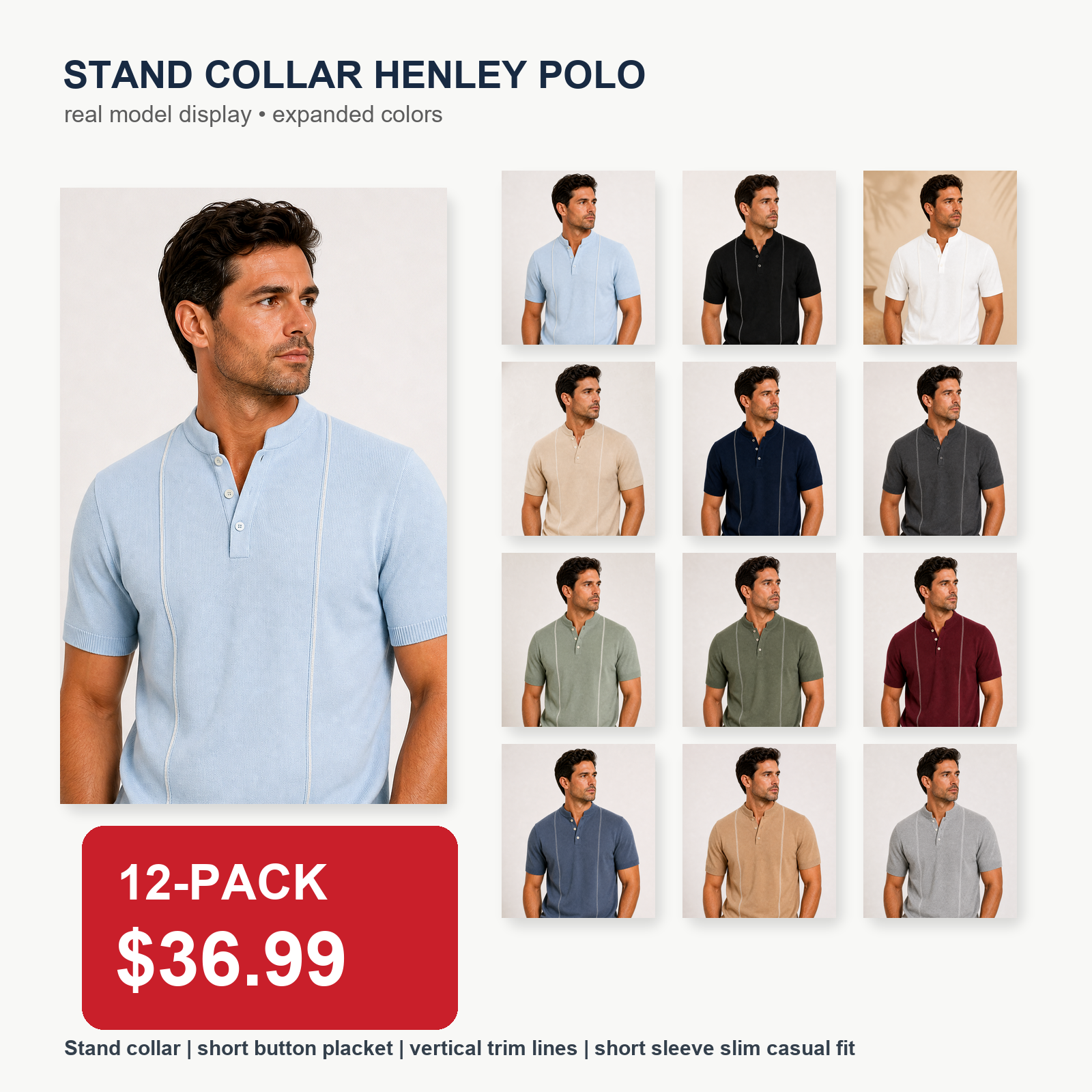 Men's Short Sleeve Stand Collar Henley Polo Shirt