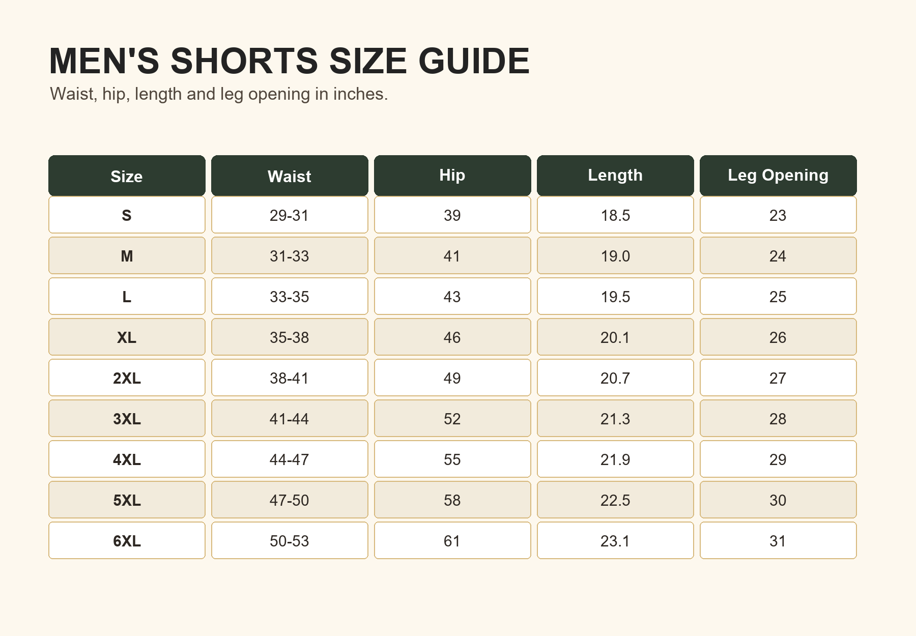 Men athletic shorts size chart S to 6XL