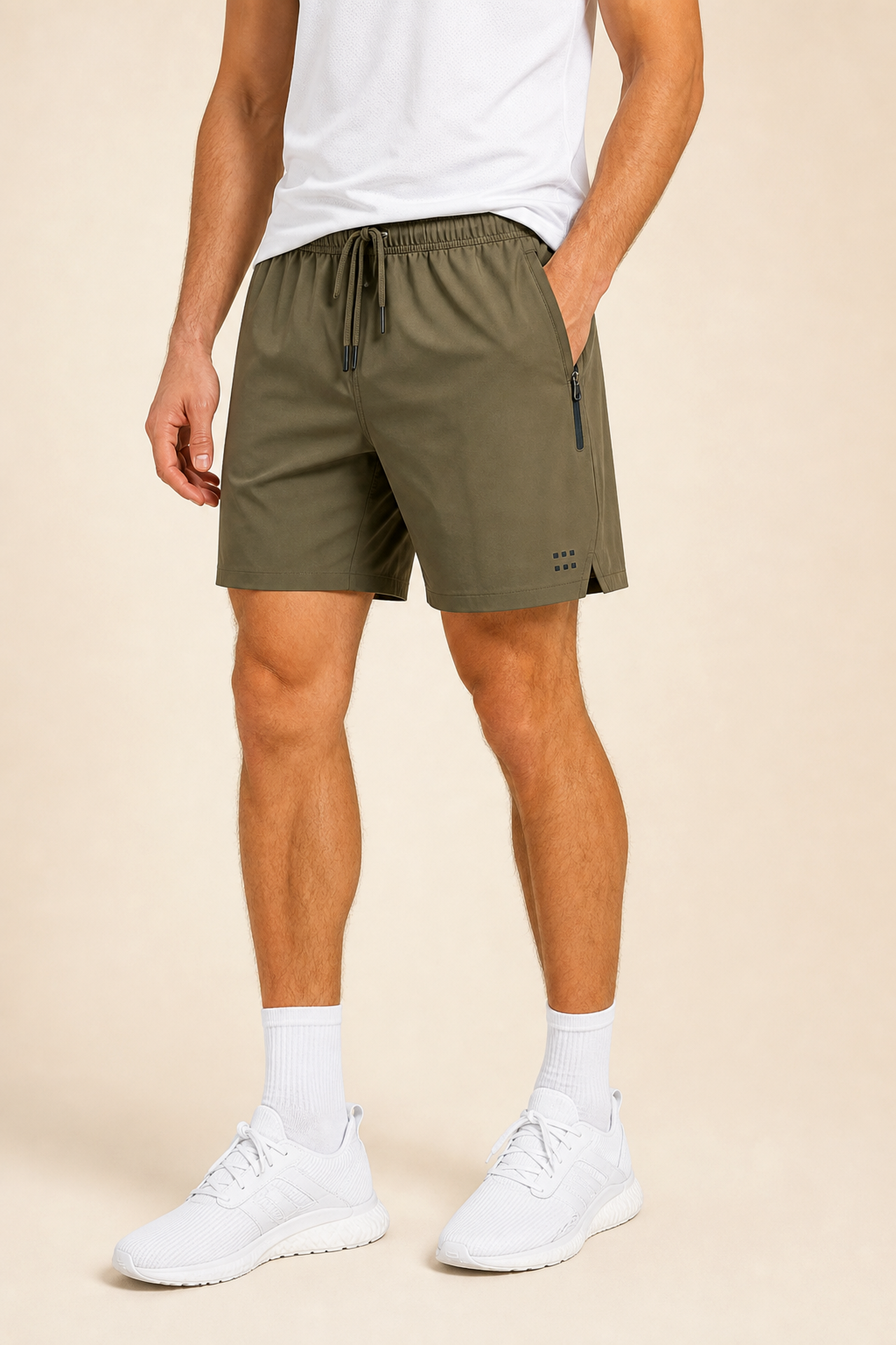 Model wearing quick-dry drawstring athletic shorts