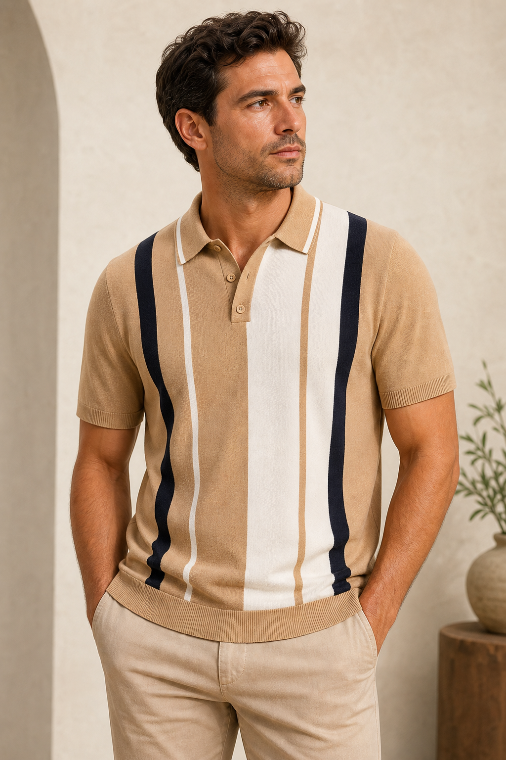 Men's Vertical Stripe Knit Short Sleeve Polo Shirt