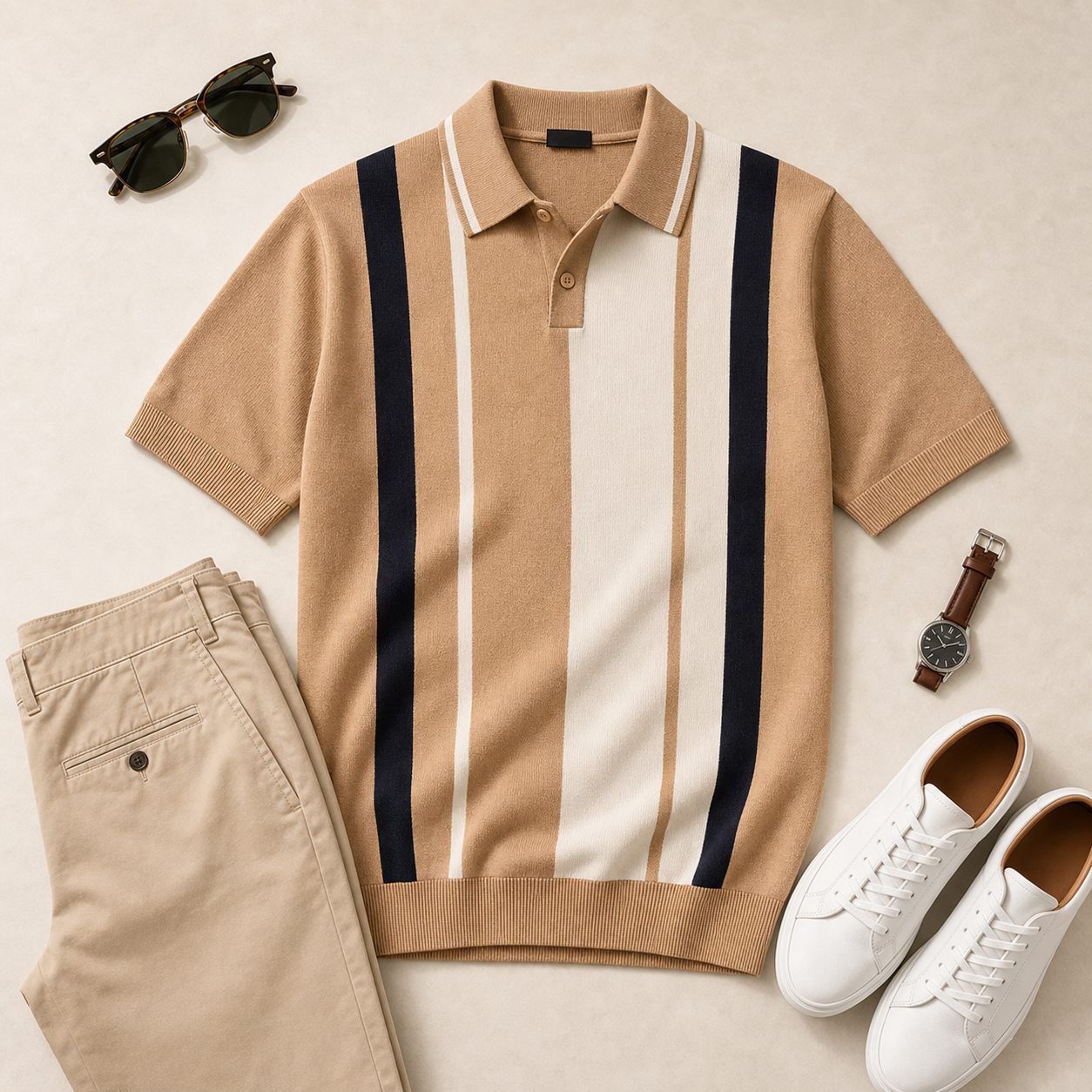 Men's Vertical Stripe Knit Short Sleeve Polo Shirt