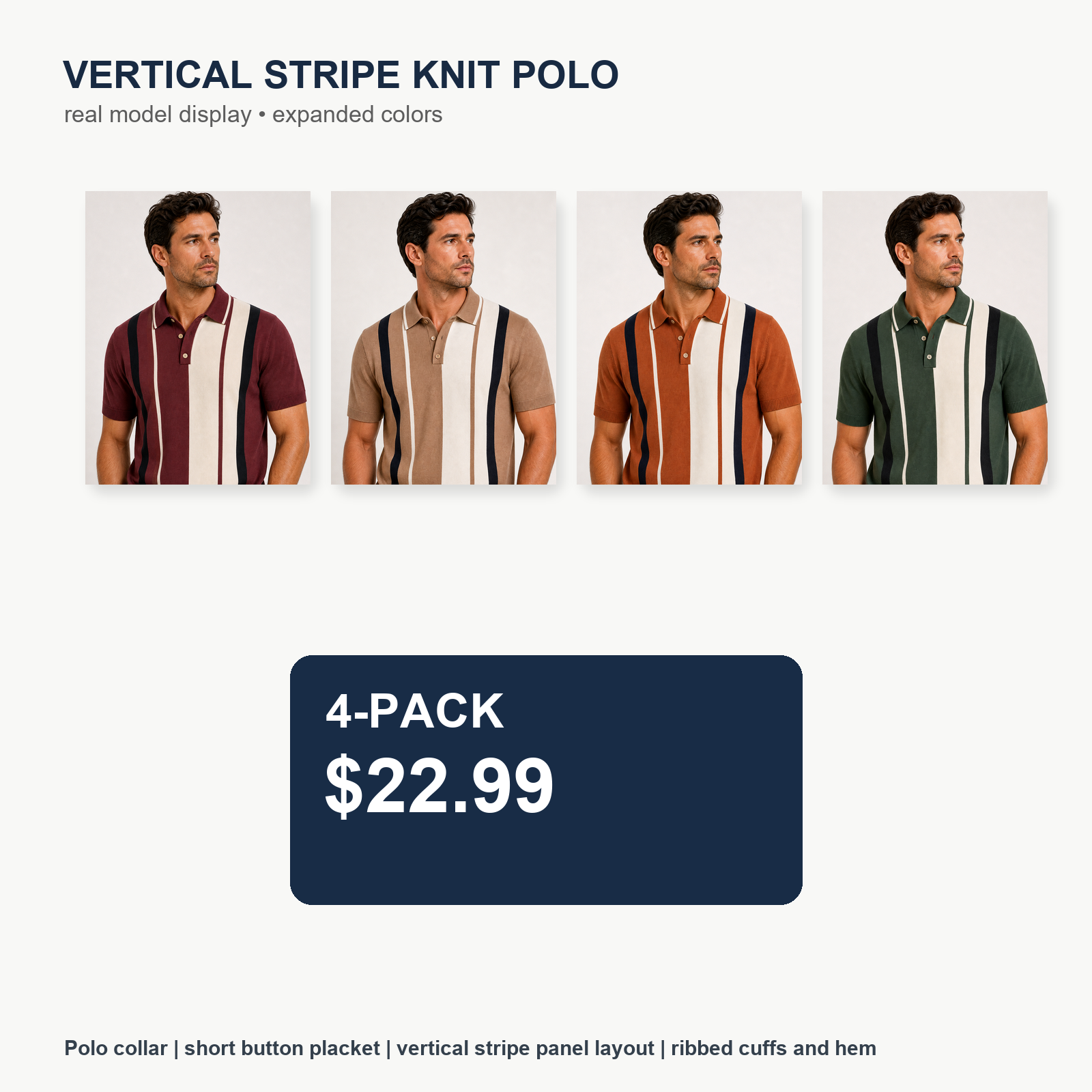 Men's Vertical Stripe Knit Short Sleeve Polo Shirt