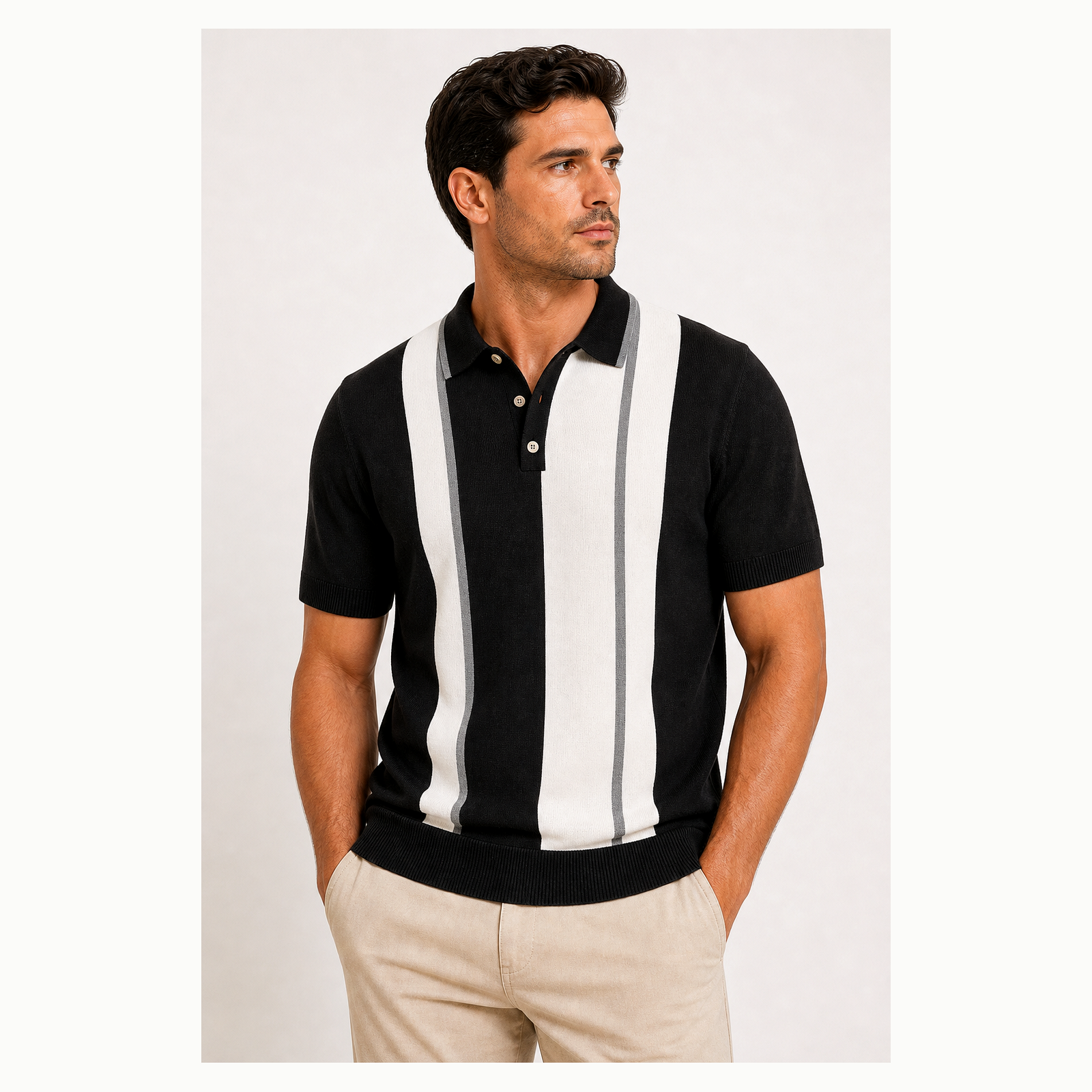 Men's Vertical Stripe Knit Short Sleeve Polo Shirt