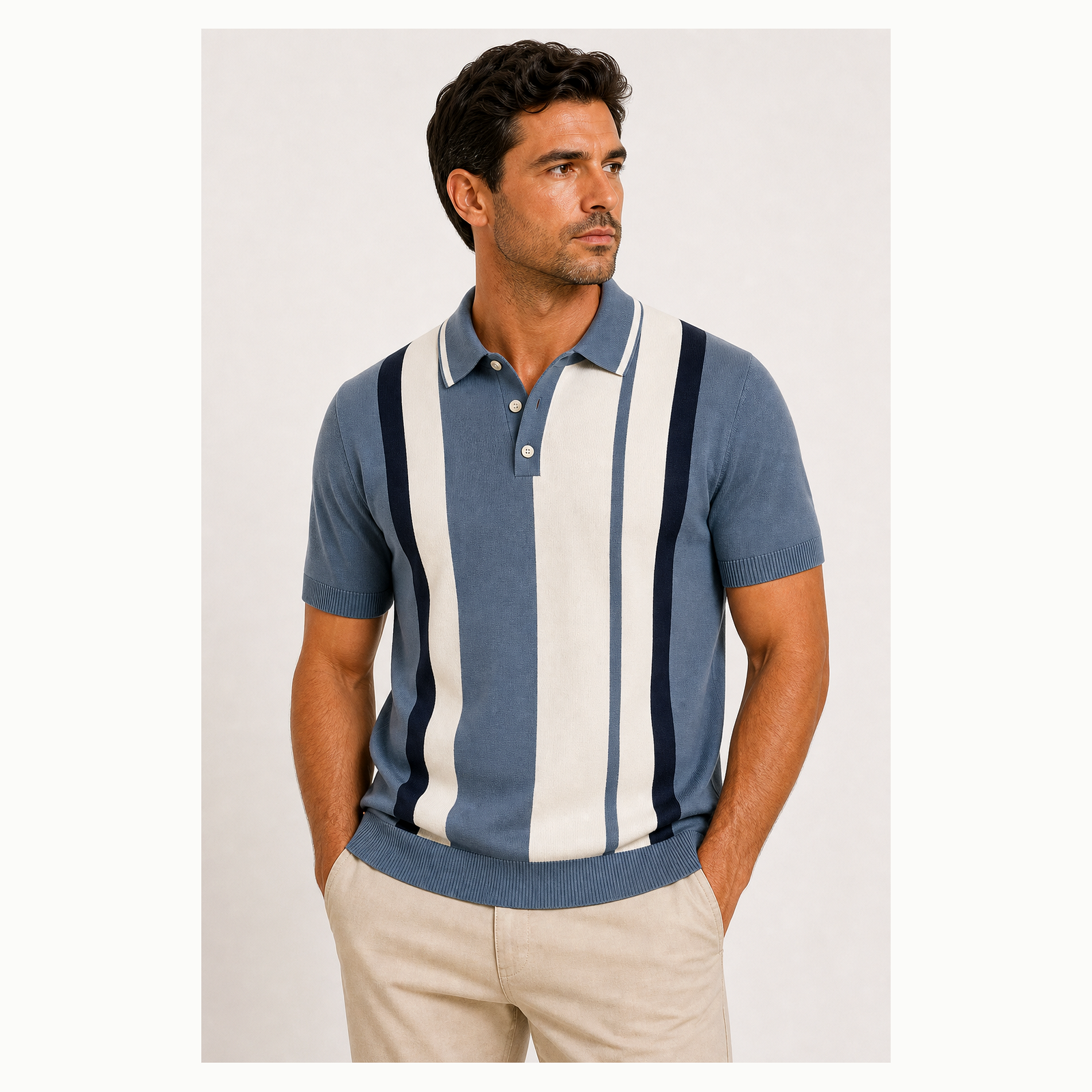 Men's Vertical Stripe Knit Short Sleeve Polo Shirt