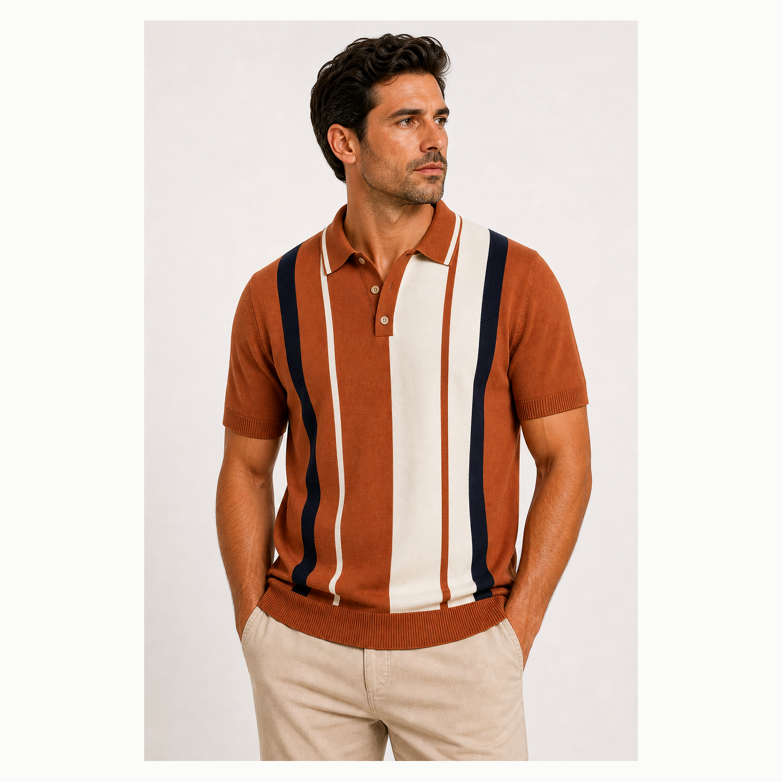 Men's Vertical Stripe Knit Short Sleeve Polo Shirt