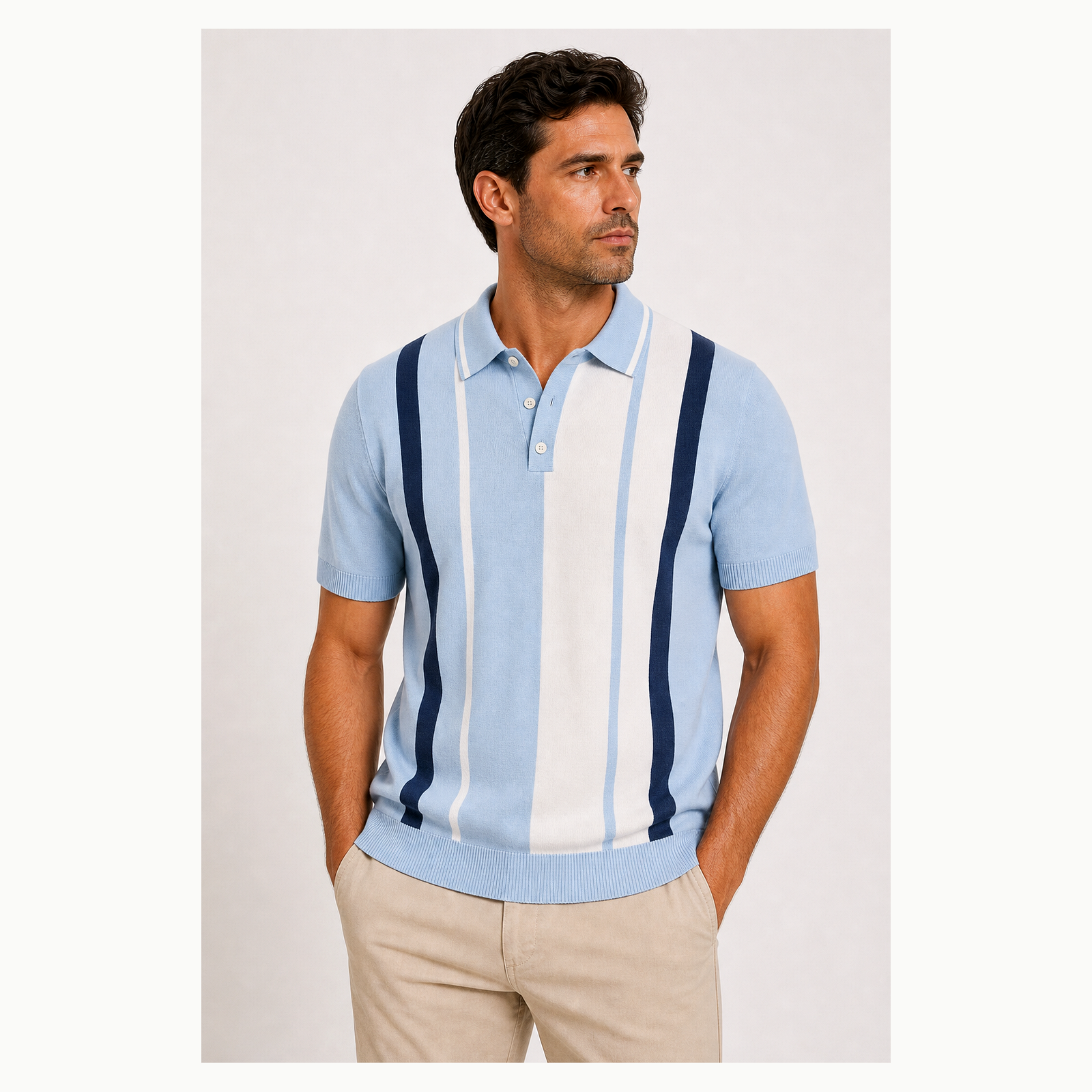Men's Vertical Stripe Knit Short Sleeve Polo Shirt