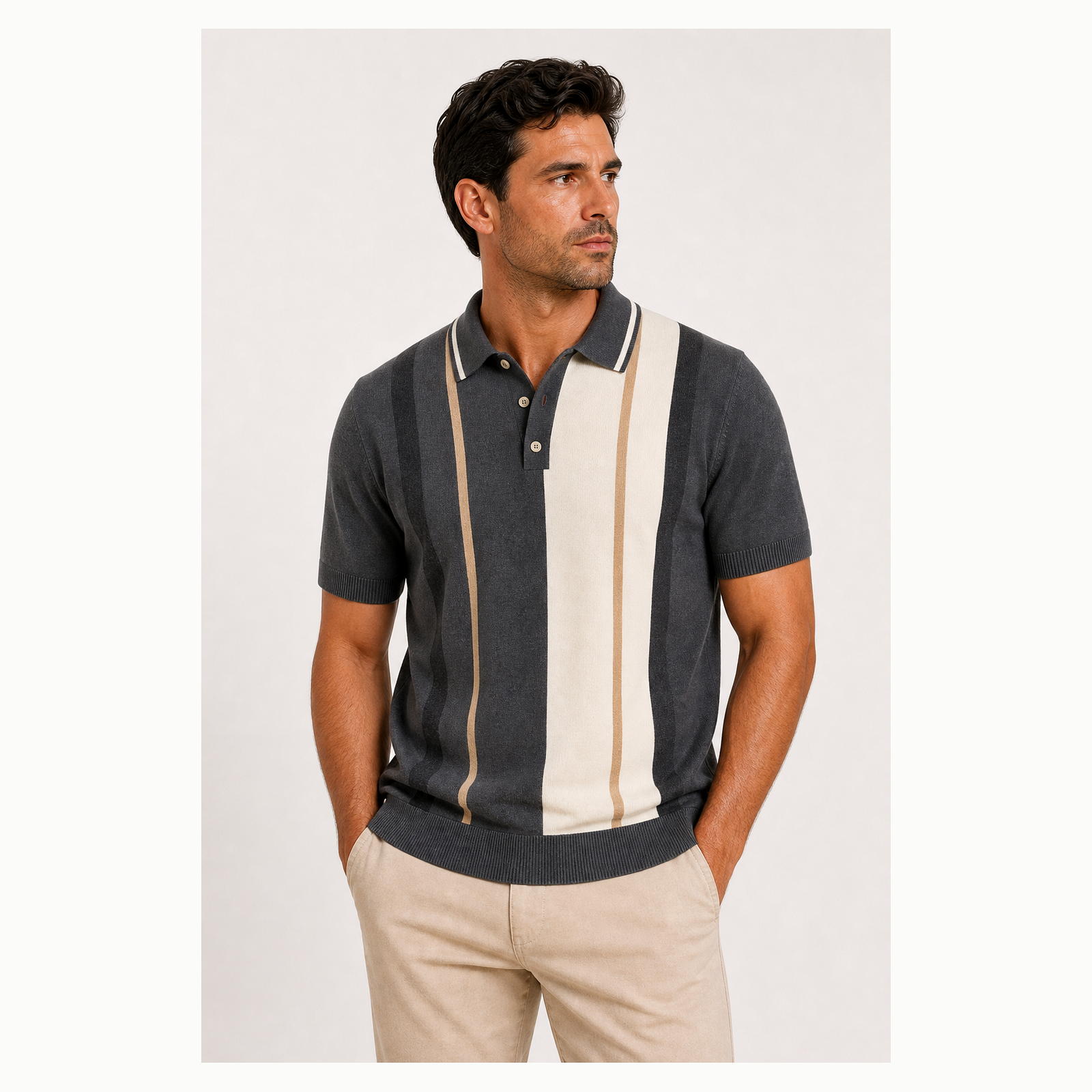 Men's Vertical Stripe Knit Short Sleeve Polo Shirt