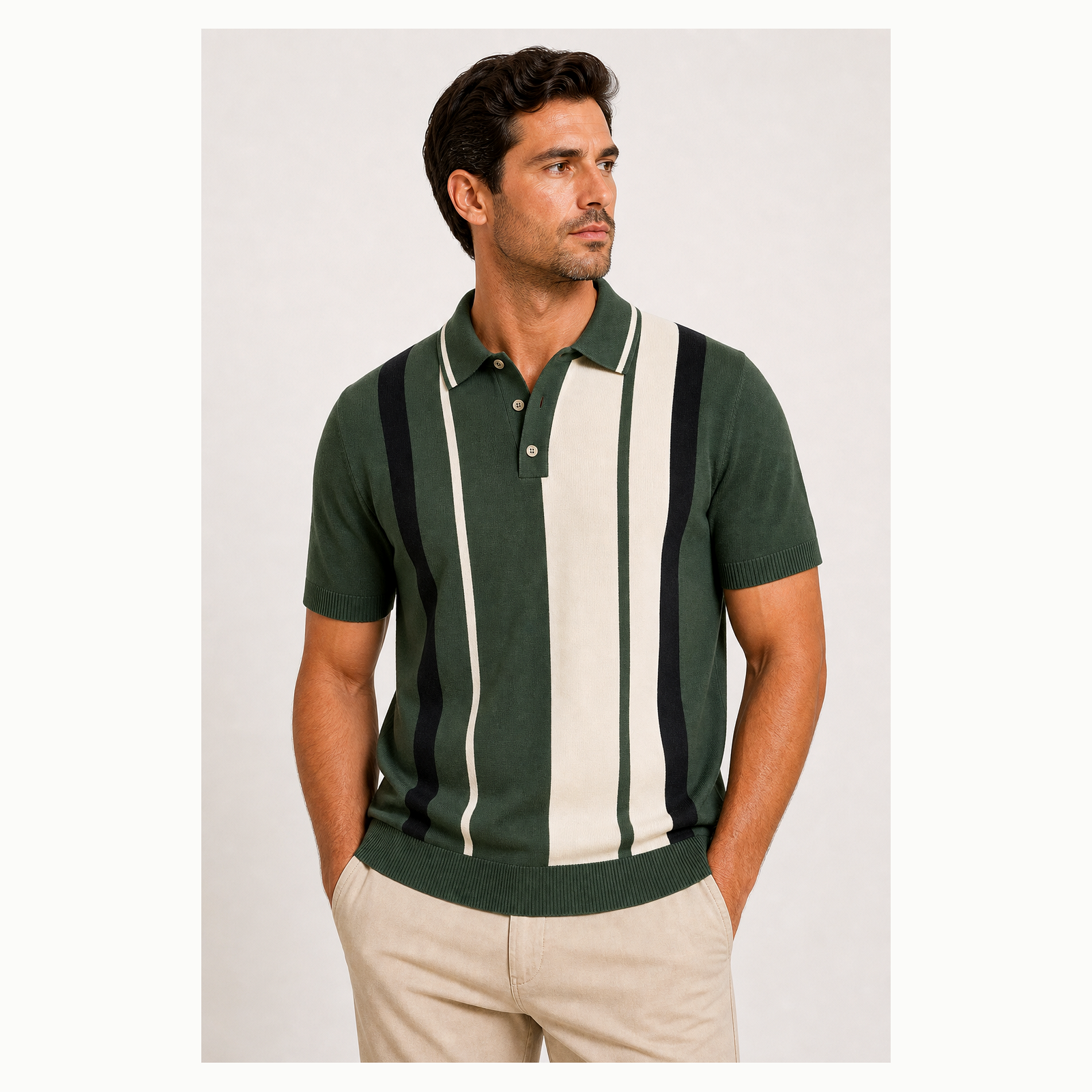 Men's Vertical Stripe Knit Short Sleeve Polo Shirt