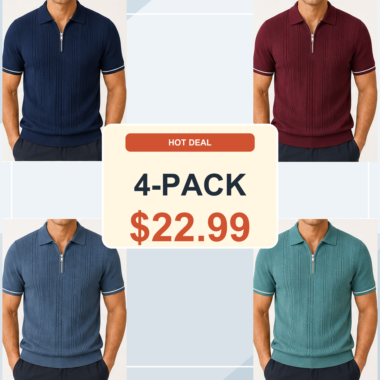 Men's Textured Quarter-Zip Knit Short Sleeve Polo Shirt