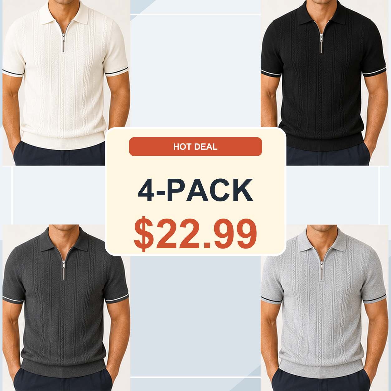 Men's Textured Quarter-Zip Knit Short Sleeve Polo Shirt