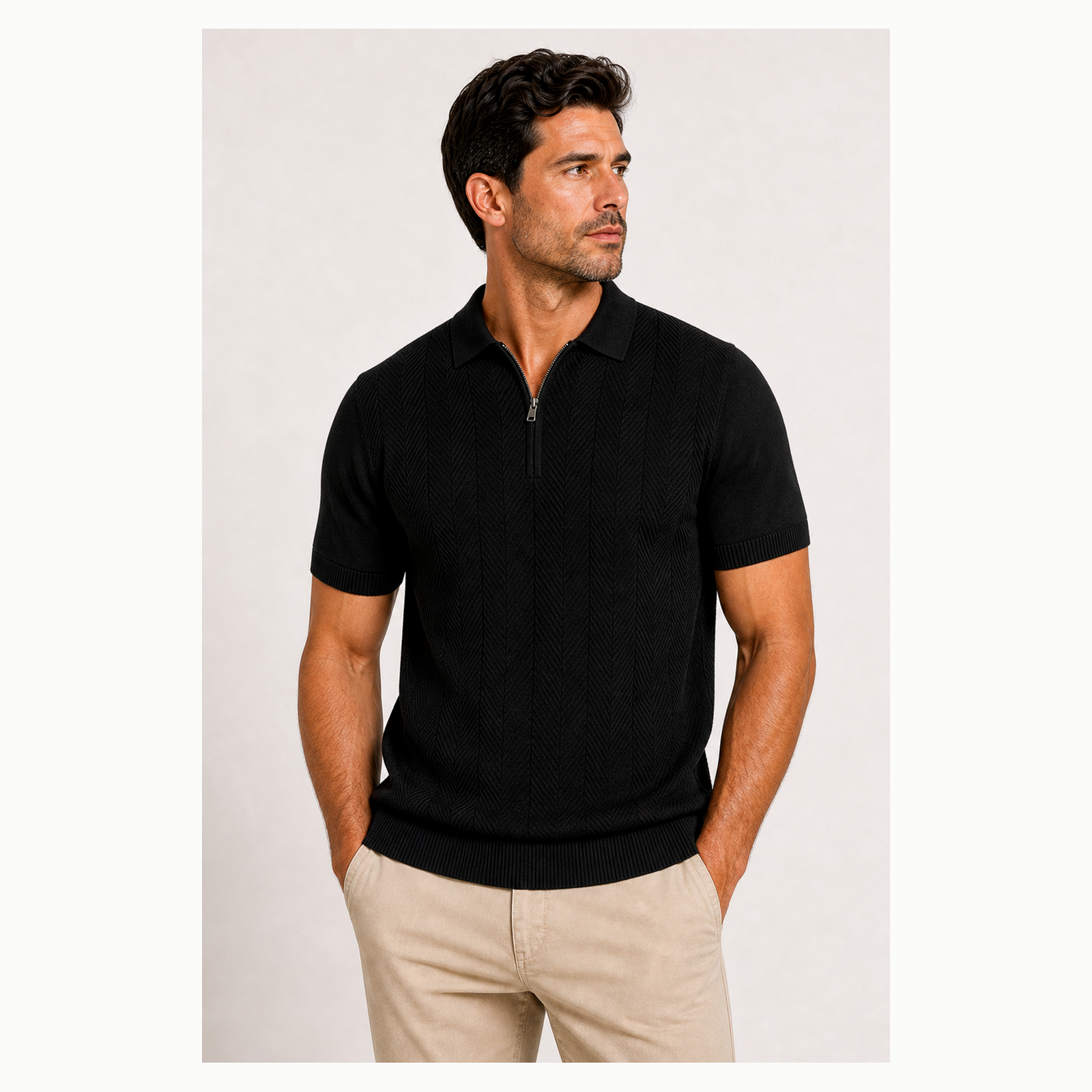 Men's Textured Quarter-Zip Short Sleeve Polo Shirt