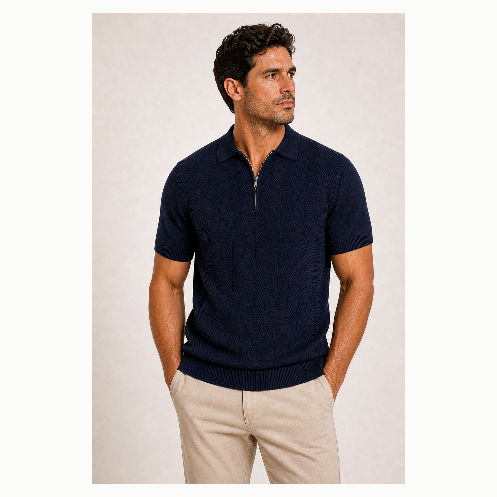 Men's Textured Quarter-Zip Short Sleeve Polo Shirt