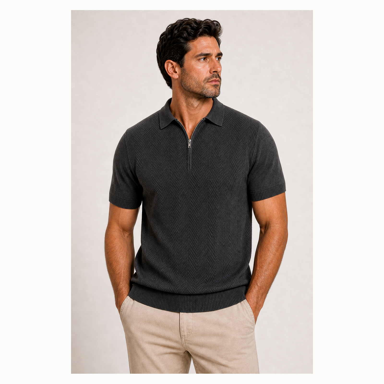 Men's Textured Quarter-Zip Short Sleeve Polo Shirt