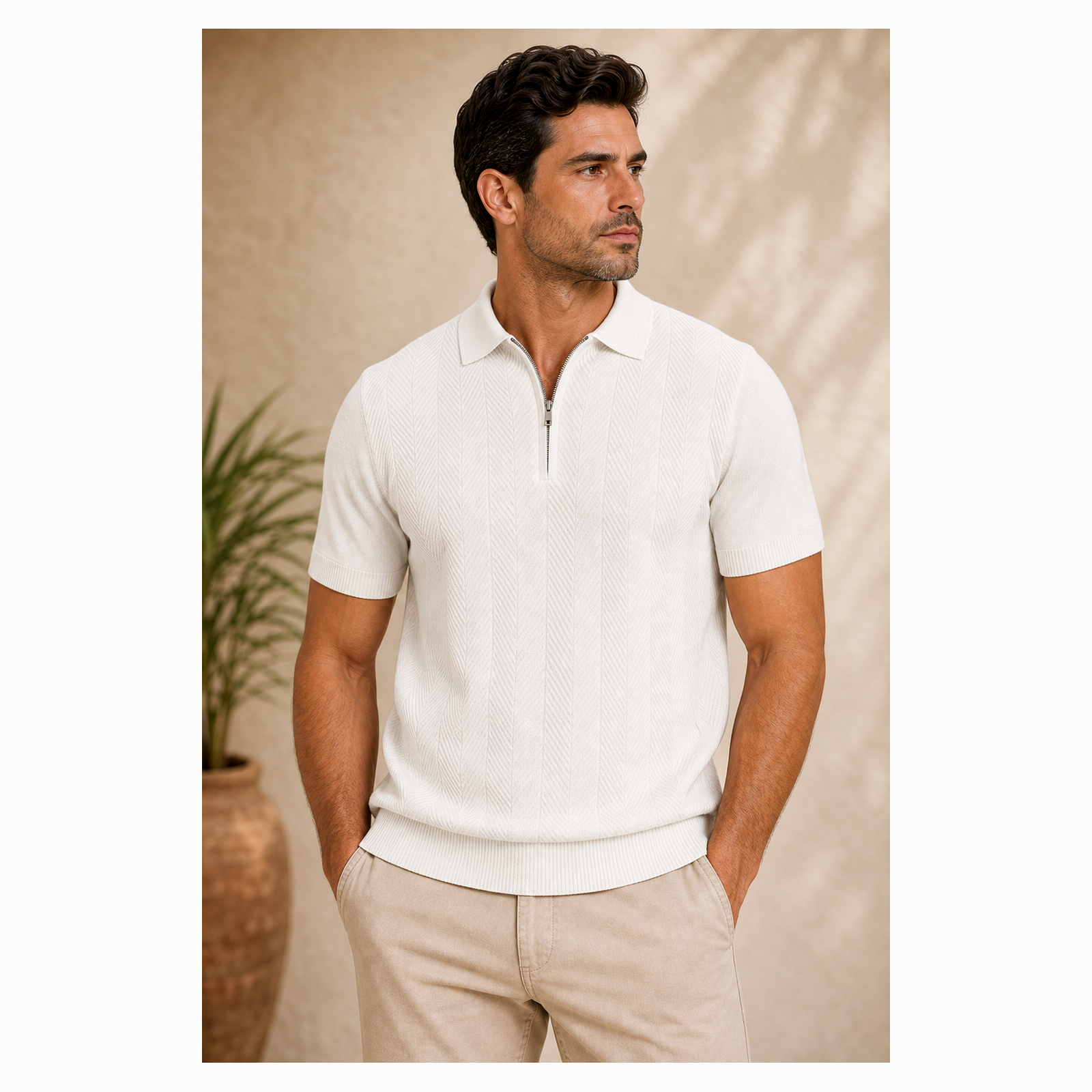 Men's Textured Quarter-Zip Short Sleeve Polo Shirt