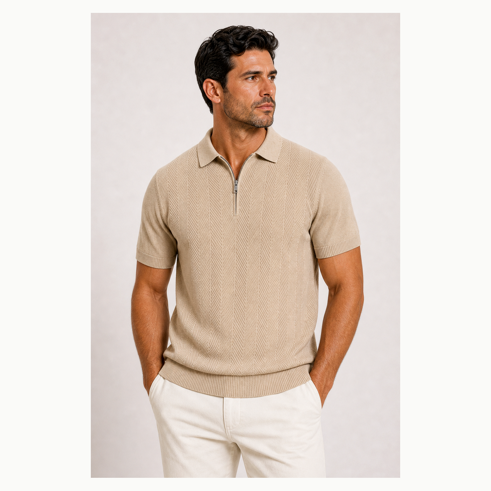 Men's Textured Quarter-Zip Short Sleeve Polo Shirt