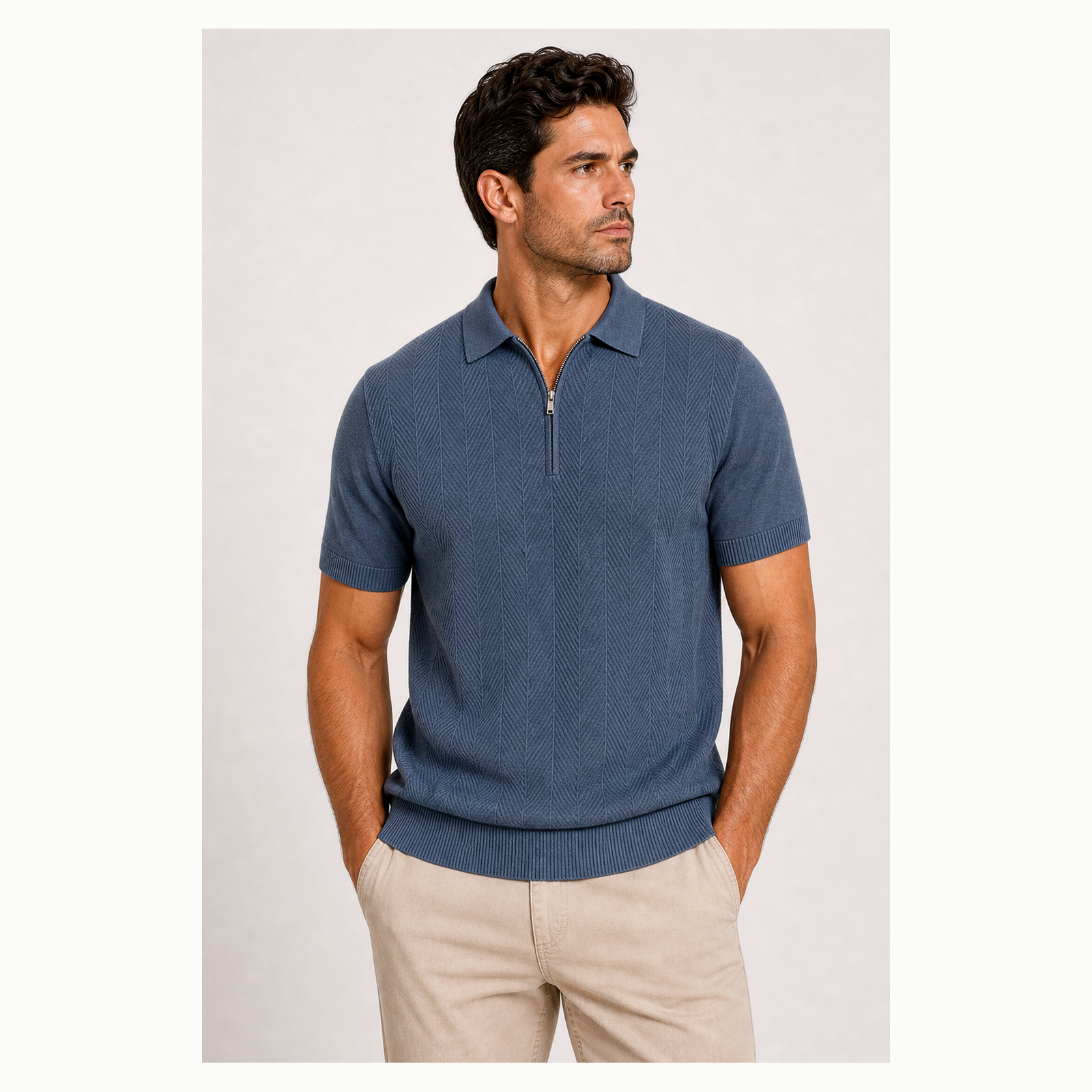 Men's Textured Quarter-Zip Short Sleeve Polo Shirt