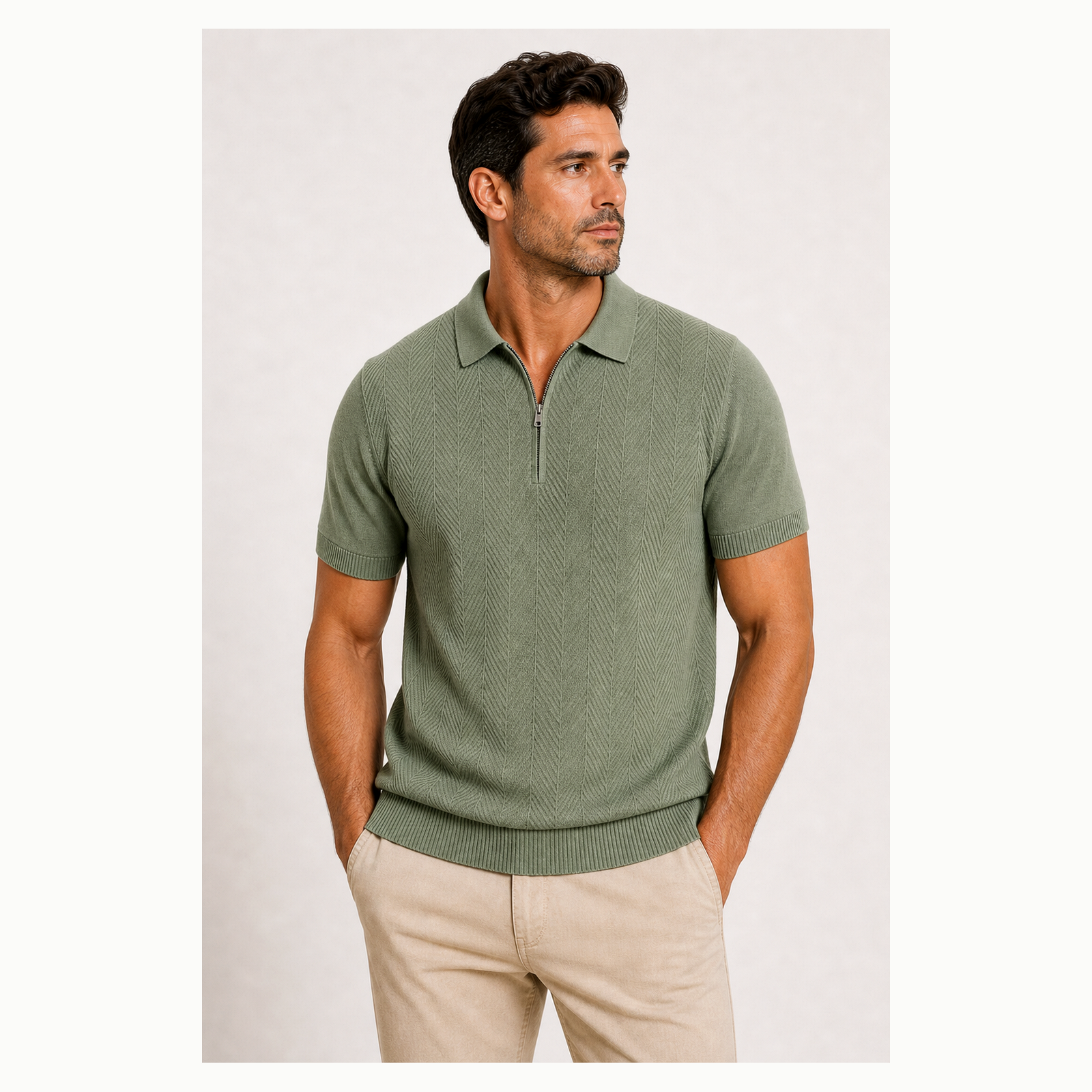 Men's Textured Quarter-Zip Short Sleeve Polo Shirt