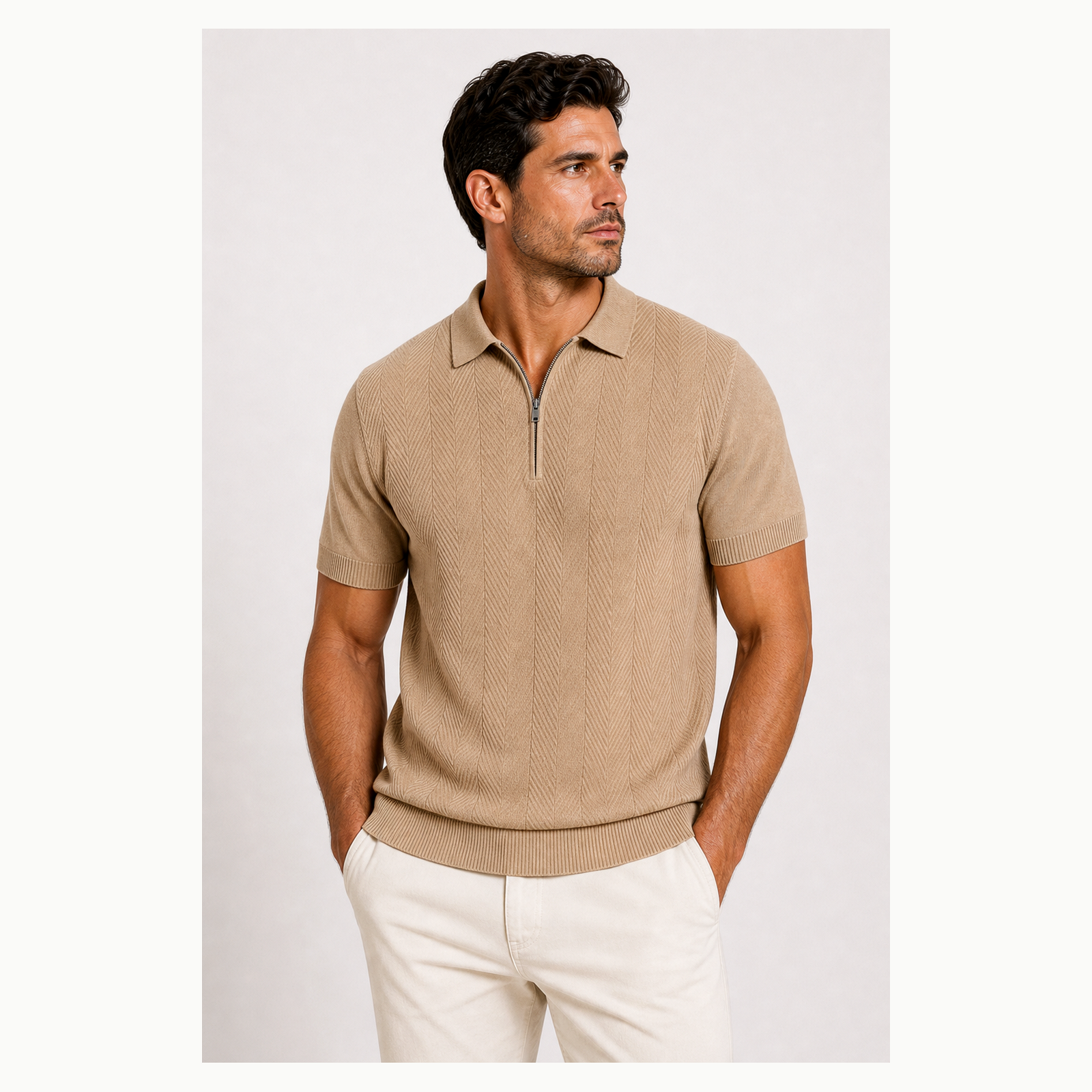 Men's Textured Quarter-Zip Short Sleeve Polo Shirt