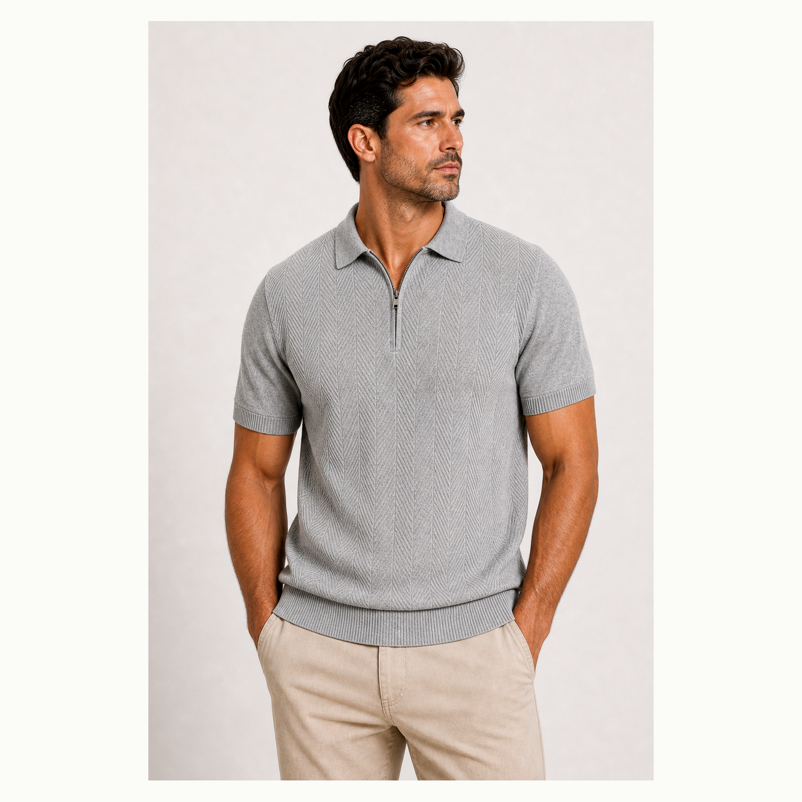 Men's Textured Quarter-Zip Short Sleeve Polo Shirt