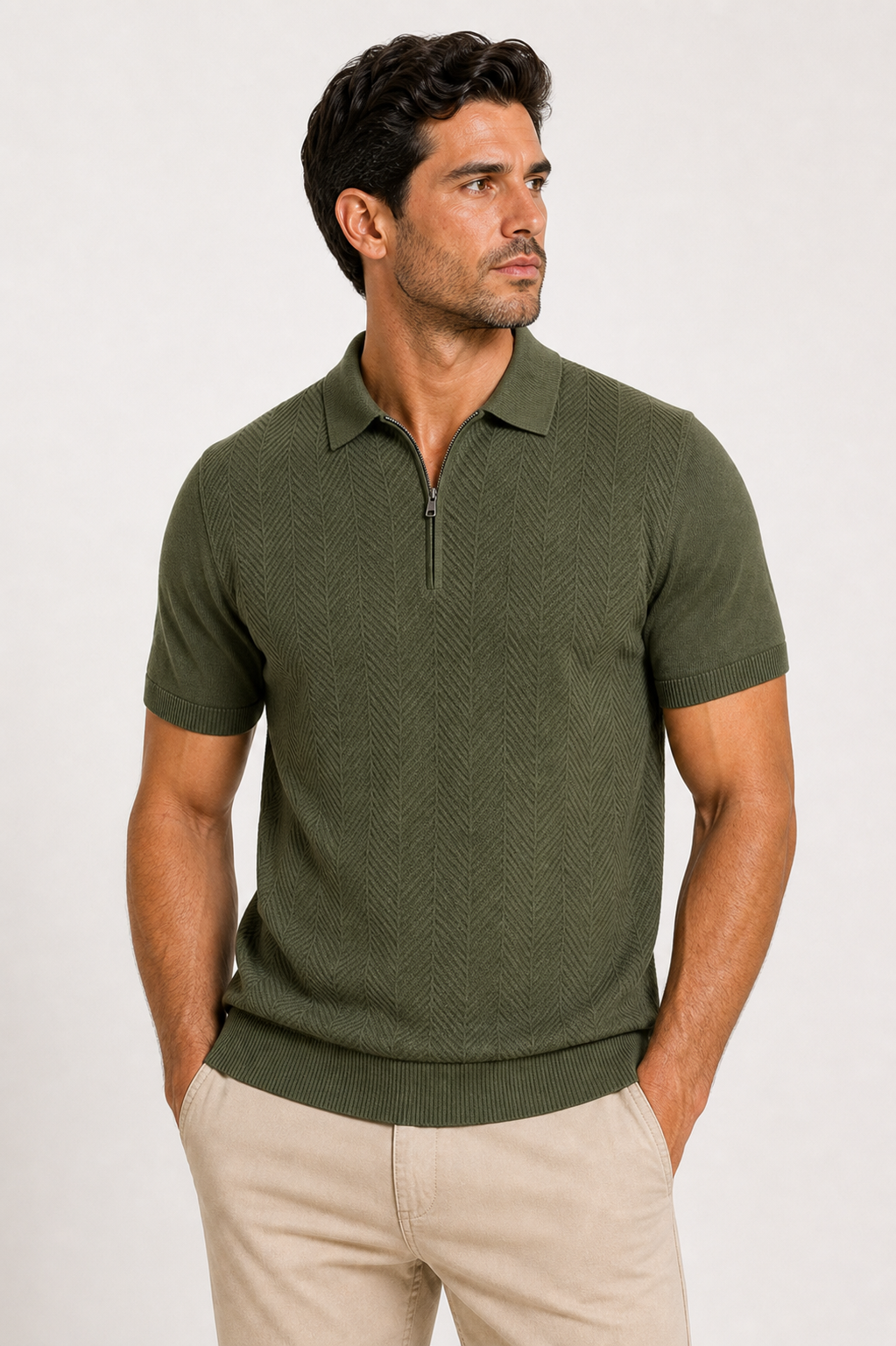 Men's Textured Quarter-Zip Short Sleeve Polo Shirt