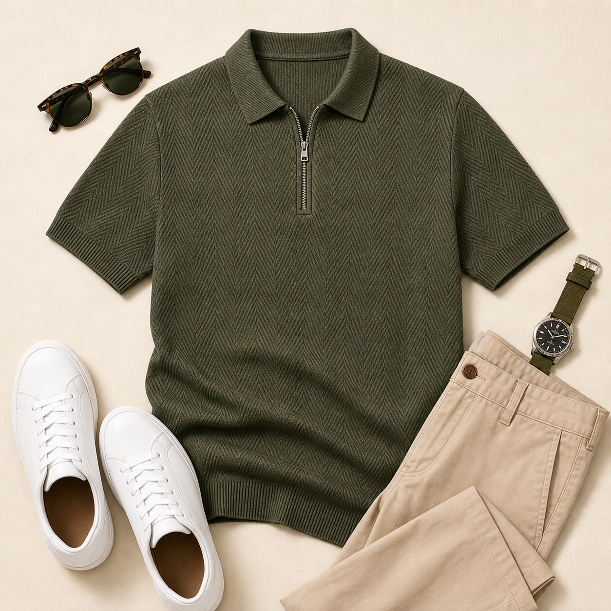 Men's Textured Quarter-Zip Short Sleeve Polo Shirt