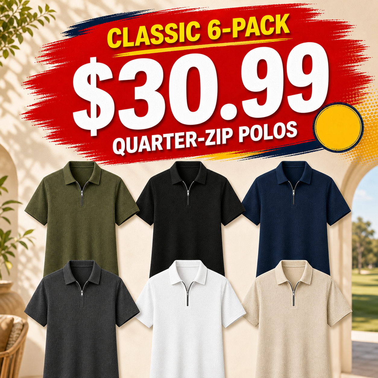 Men's Textured Quarter-Zip Short Sleeve Polo Shirt