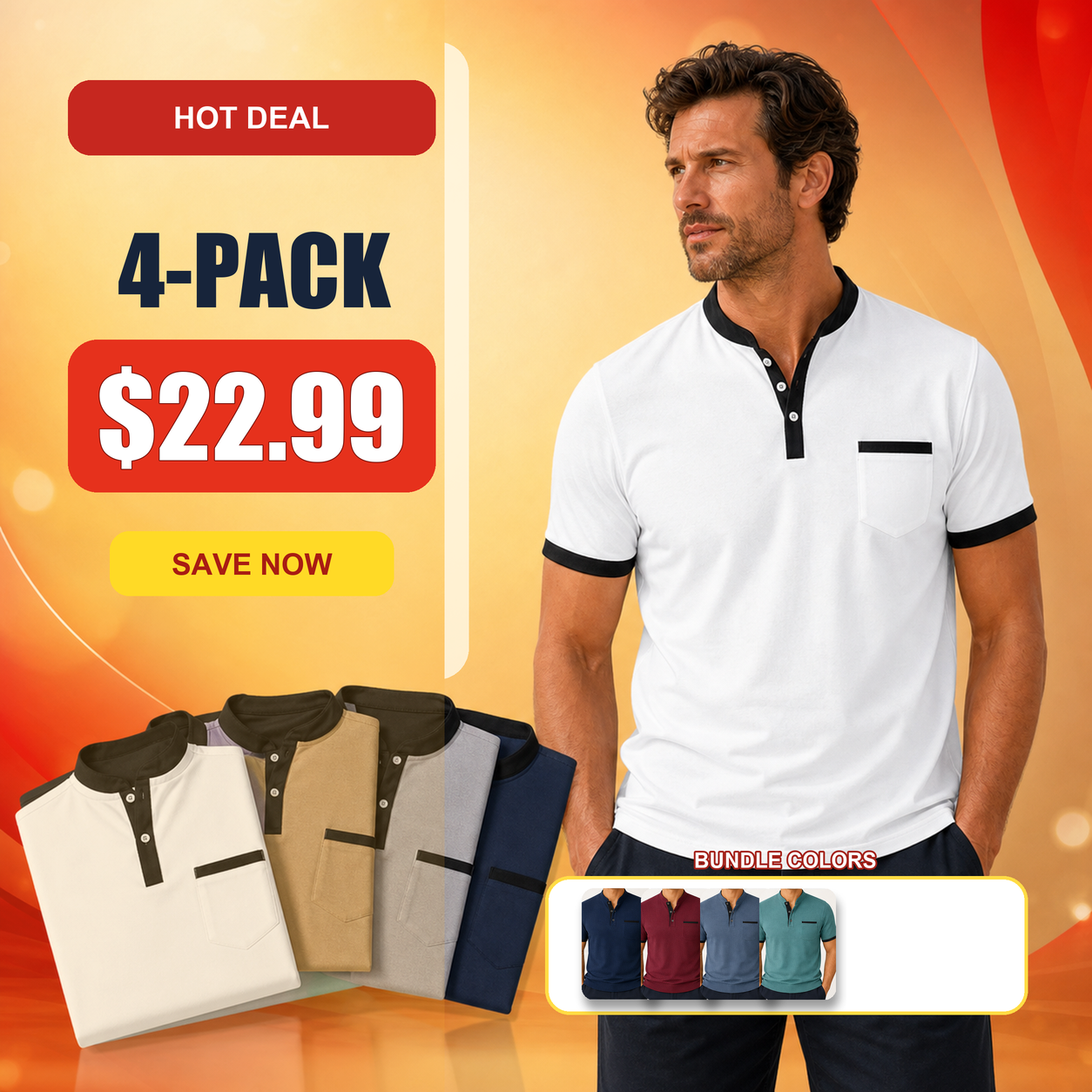 Men's Contrast Trim Short Sleeve Henley Polo Shirt