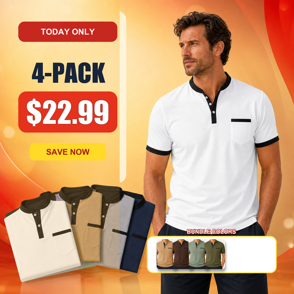 Men's Contrast Trim Short Sleeve Henley Polo Shirt