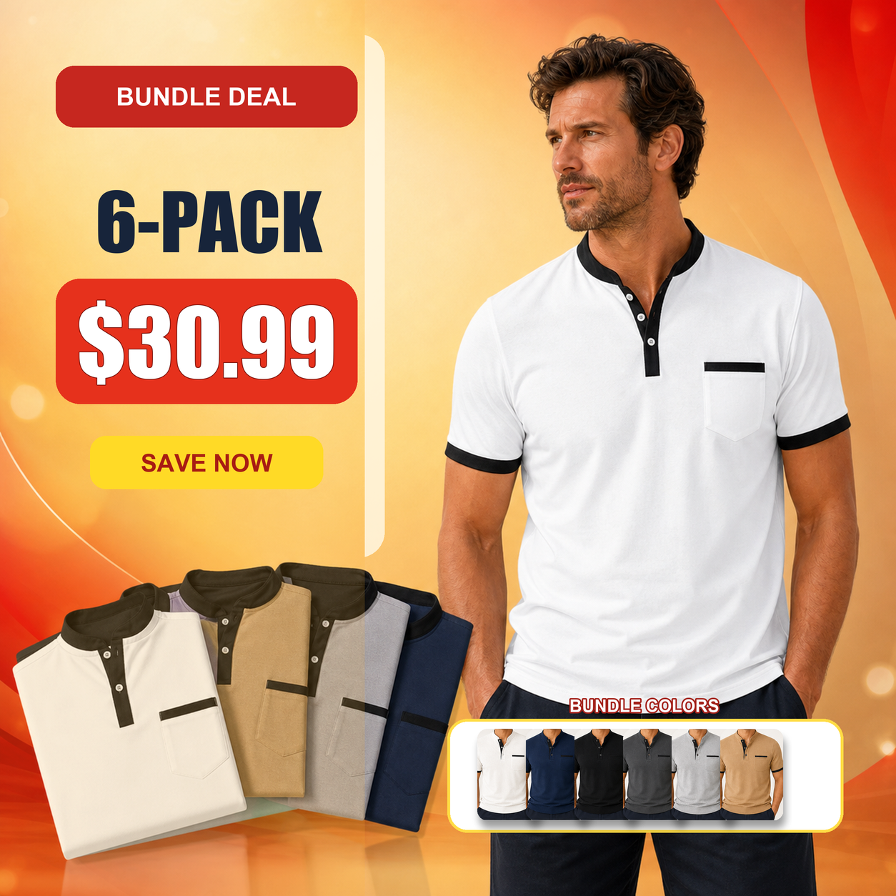 Men's Contrast Trim Short Sleeve Henley Polo Shirt