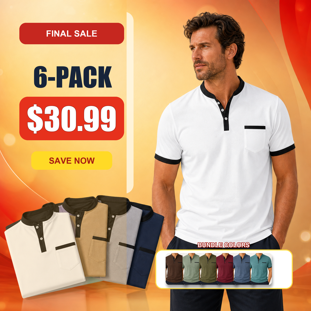 Men's Contrast Trim Short Sleeve Henley Polo Shirt