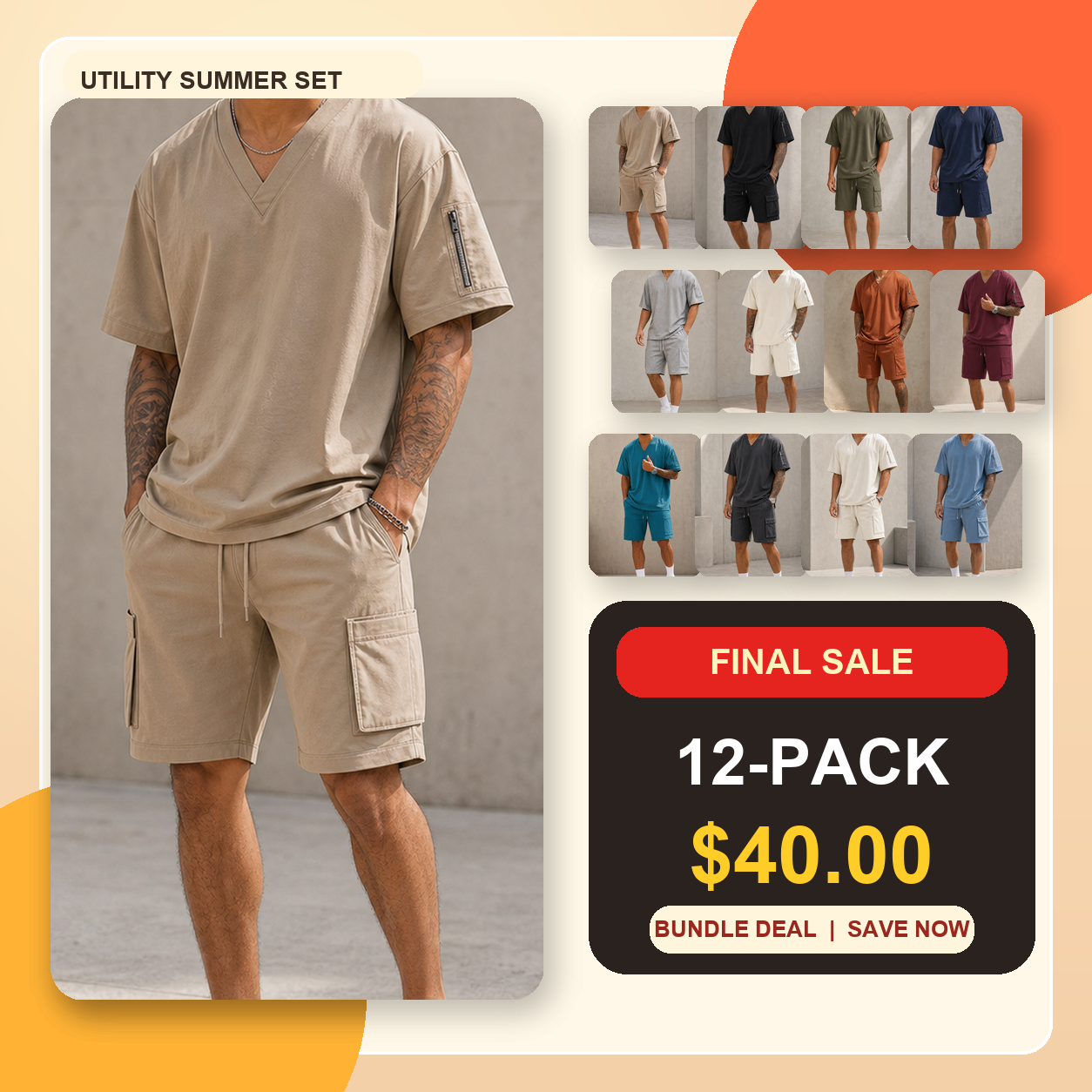 Men's V-Neck Utility Short Sleeve Top and Cargo Shorts Set