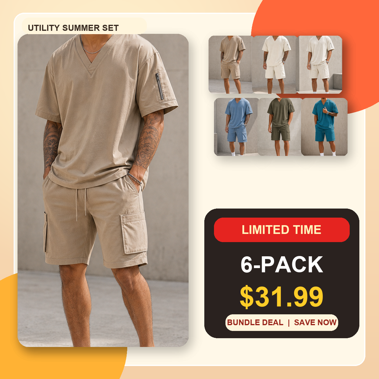 Men's V-Neck Utility Short Sleeve Top and Cargo Shorts Set